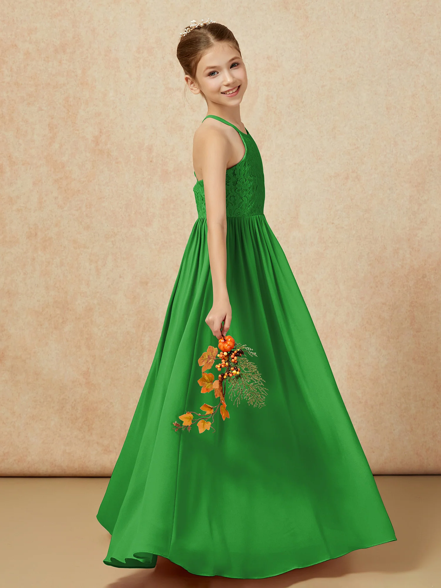 Pleated Lace Chiffion Long Junior Bridesmaid Dress Green - Image 6