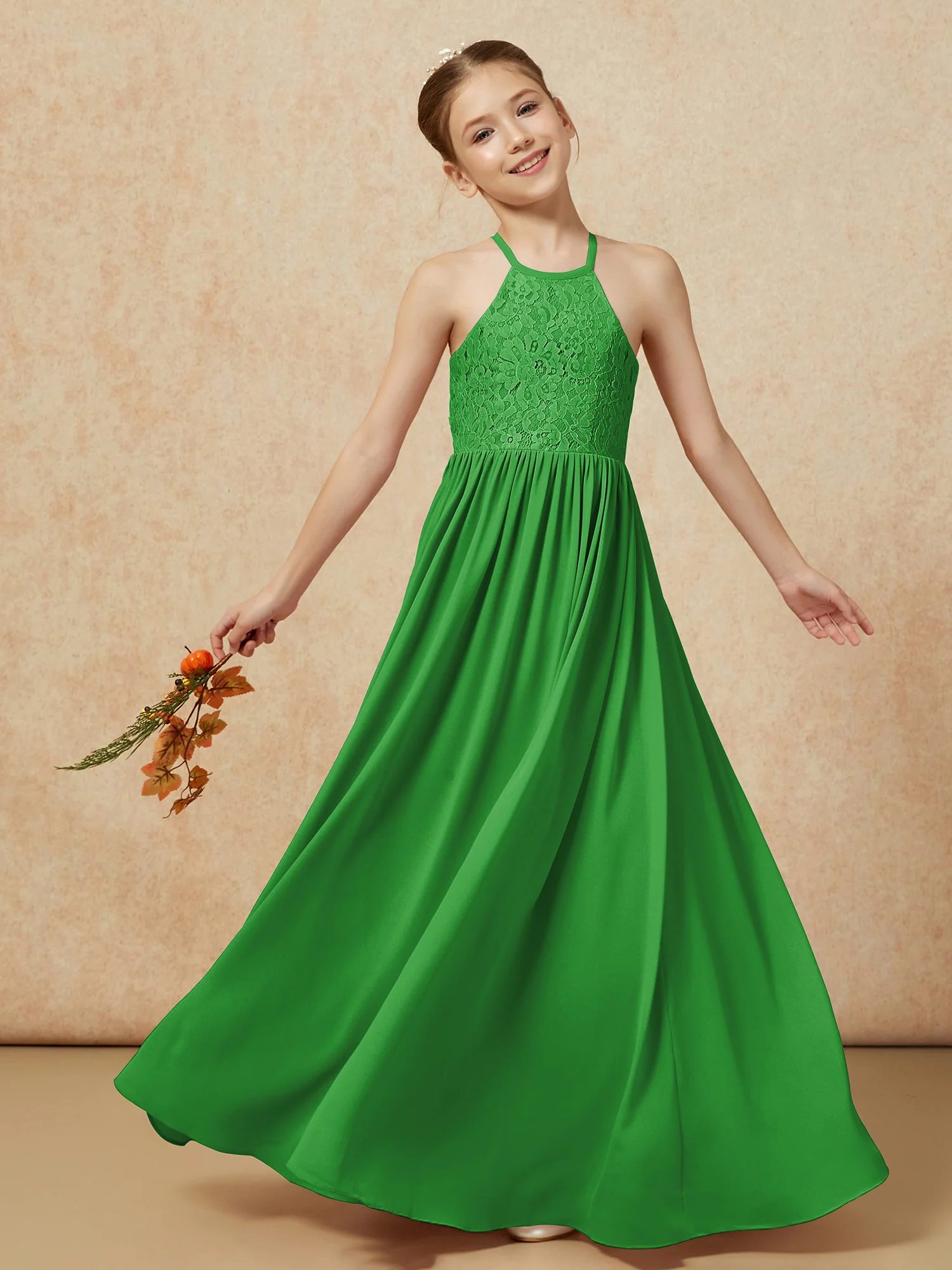 Pleated Lace Chiffion Long Junior Bridesmaid Dress Green - Image 7