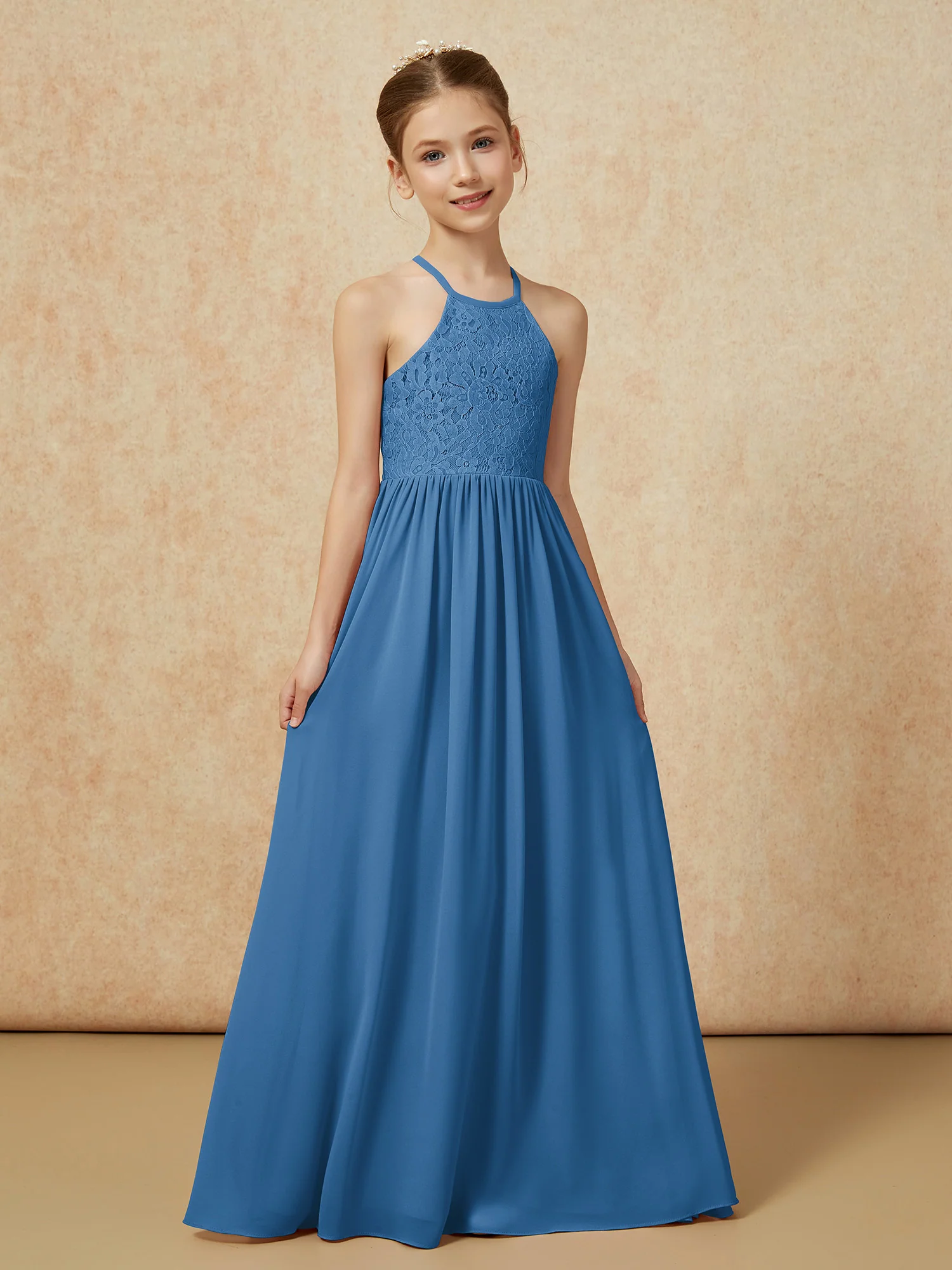 Pleated Lace Chiffion Long Junior Bridesmaid Dress Ink Blue - Image 5