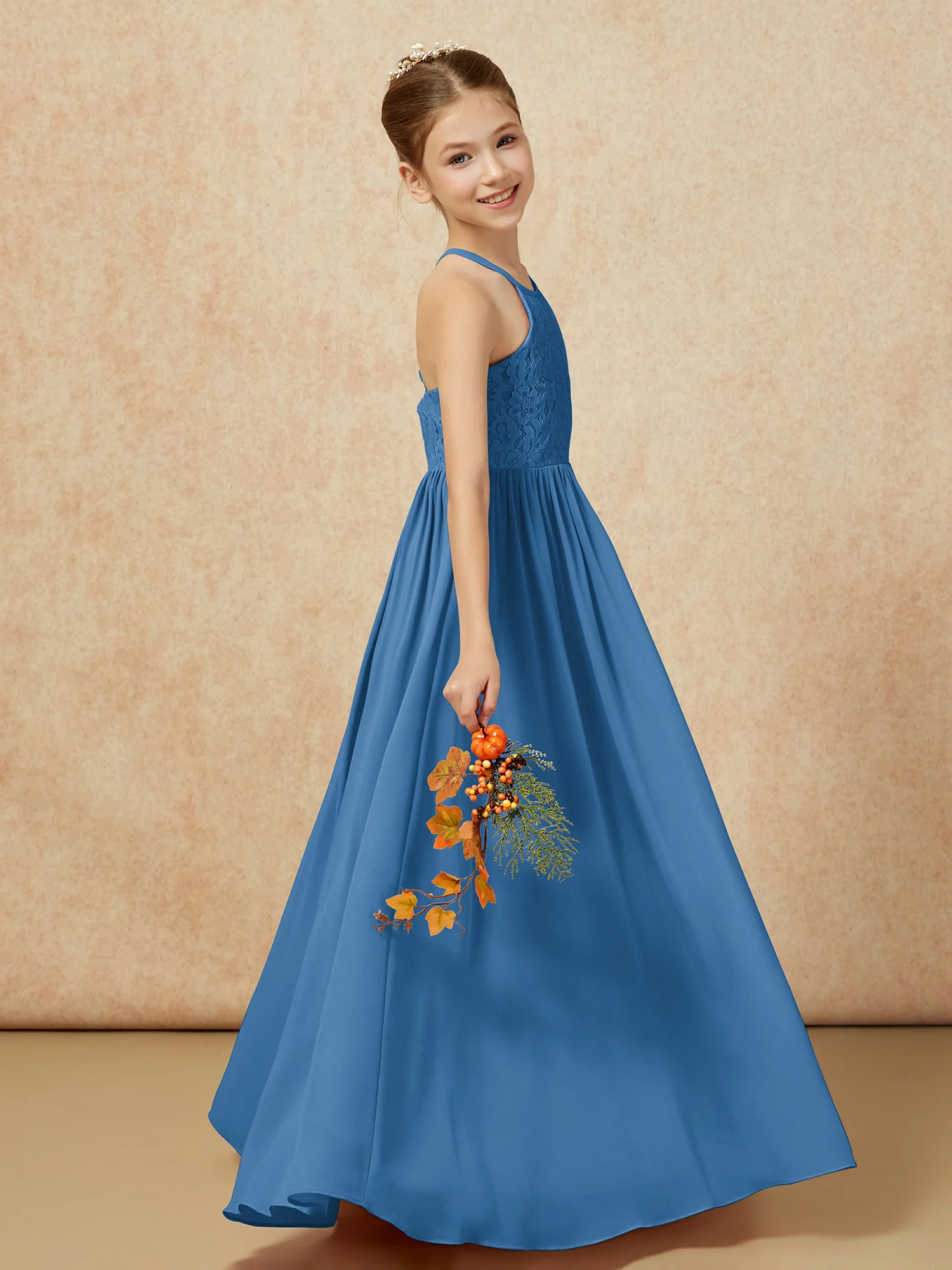 Pleated Lace Chiffion Long Junior Bridesmaid Dress Ink Blue - Image 6