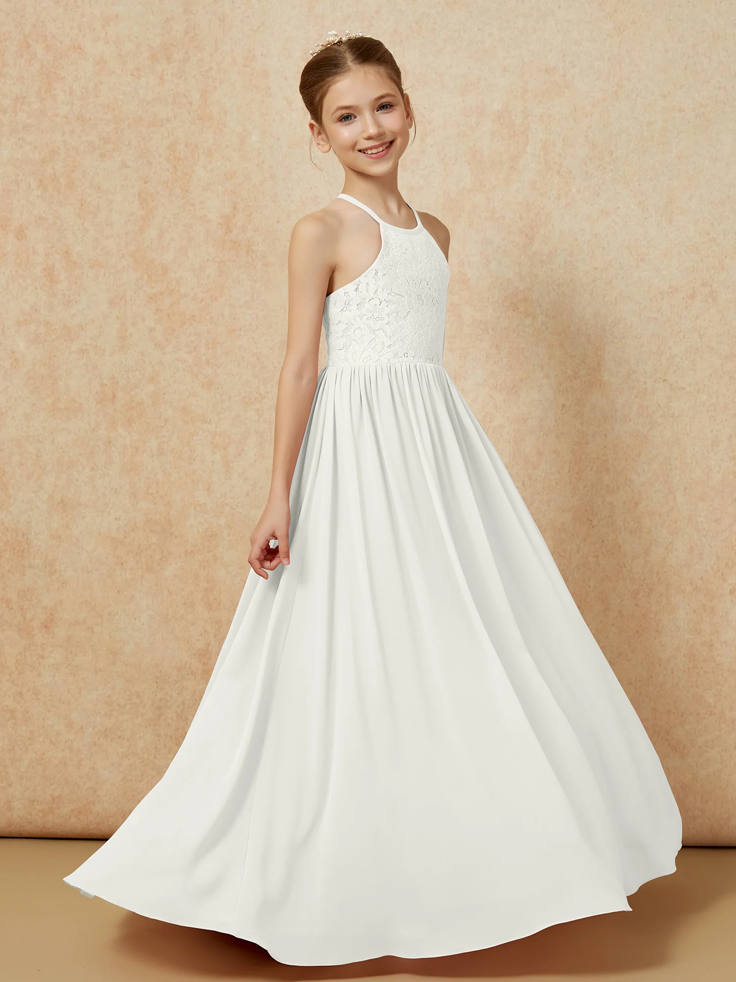 Pleated Lace Chiffion Long Junior Bridesmaid Dress Ivory - Image 3