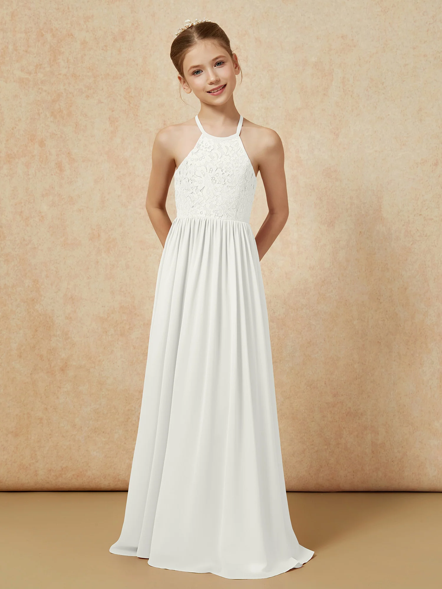 Pleated Lace Chiffion Long Junior Bridesmaid Dress Ivory - Image 4