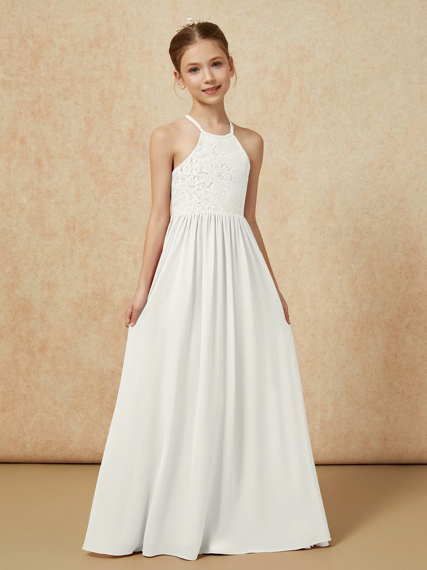 Pleated Lace Chiffion Long Junior Bridesmaid Dress Ivory - Image 5