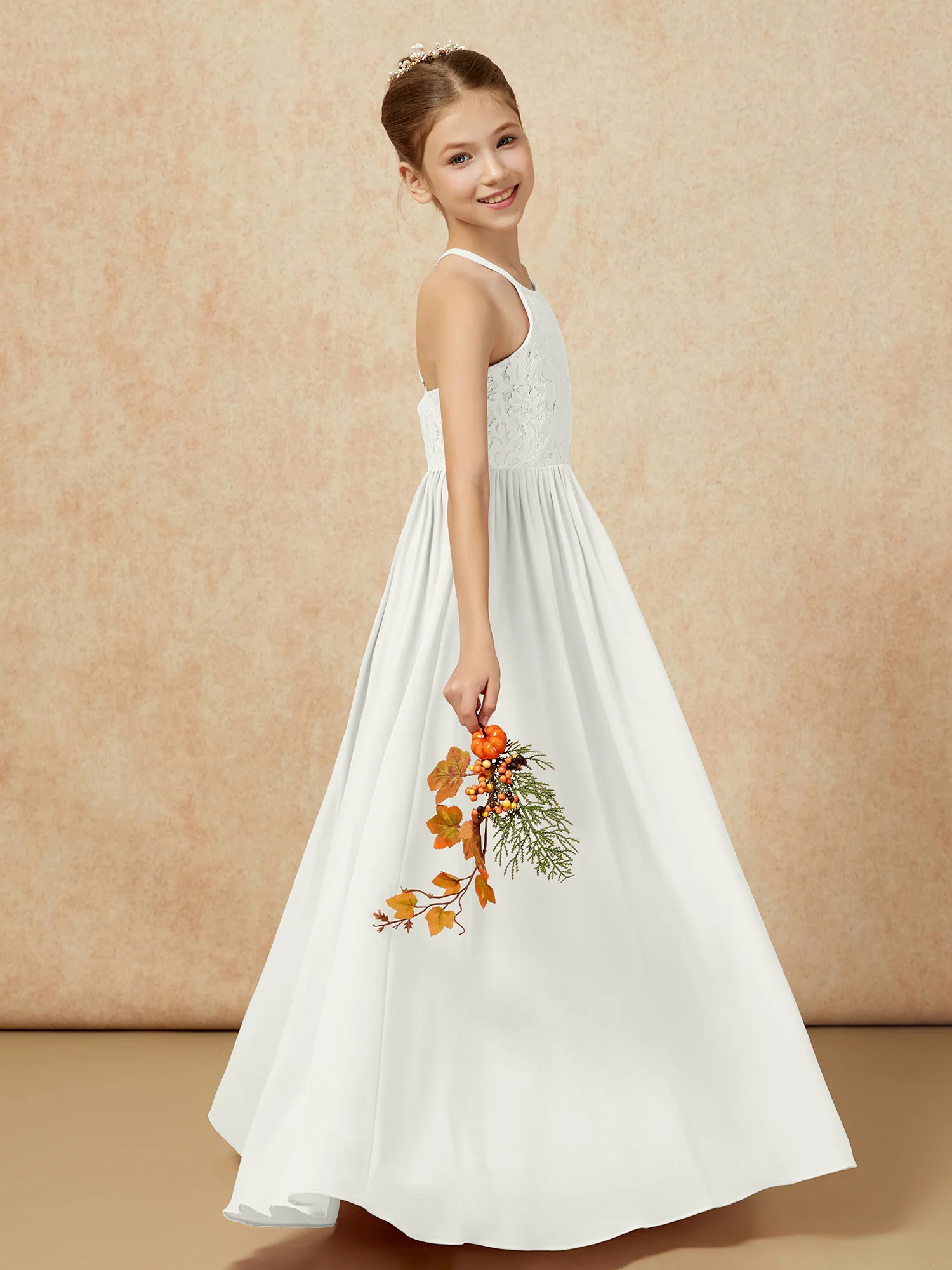 Pleated Lace Chiffion Long Junior Bridesmaid Dress Ivory - Image 6