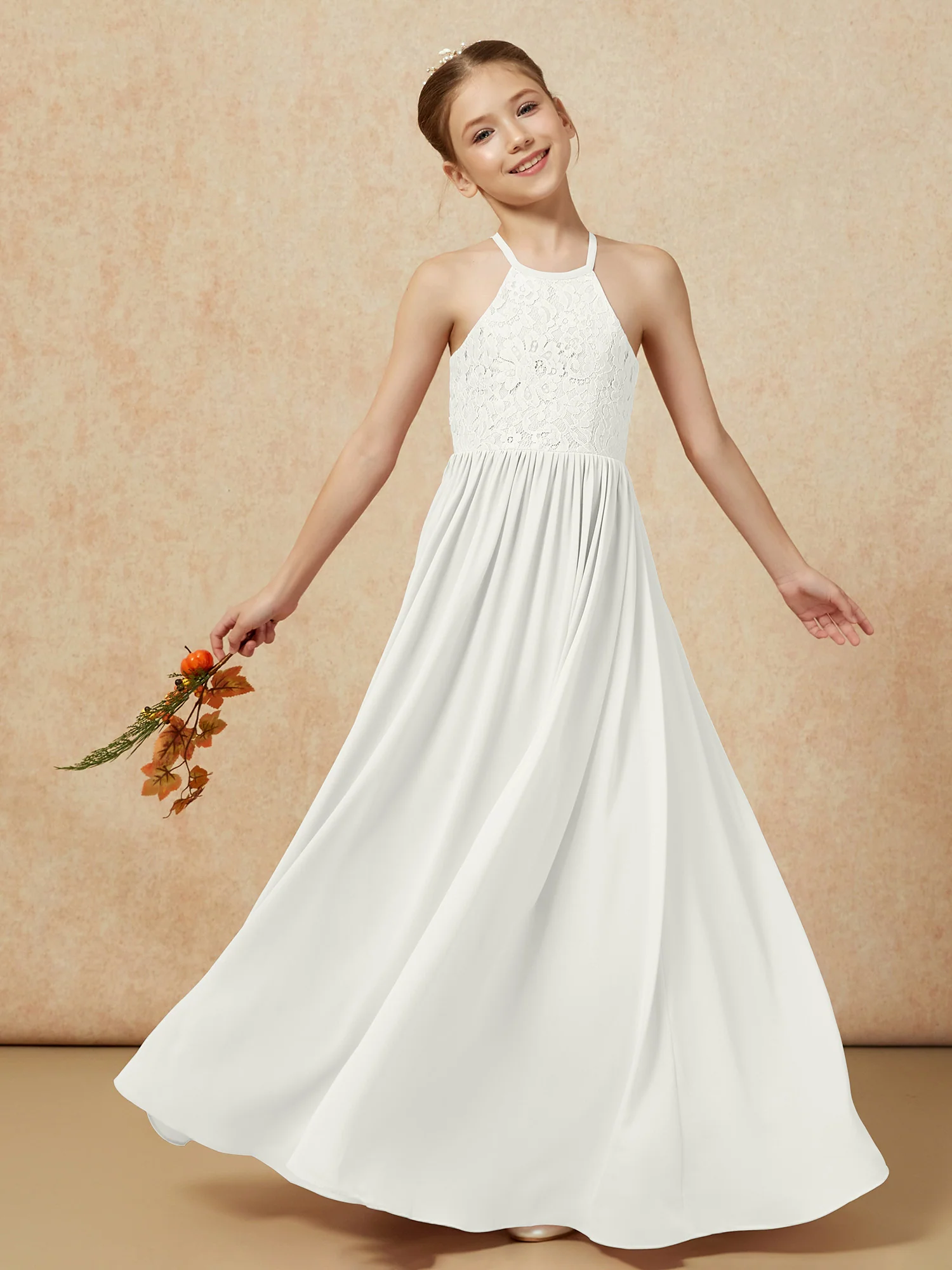 Pleated Lace Chiffion Long Junior Bridesmaid Dress Ivory - Image 7
