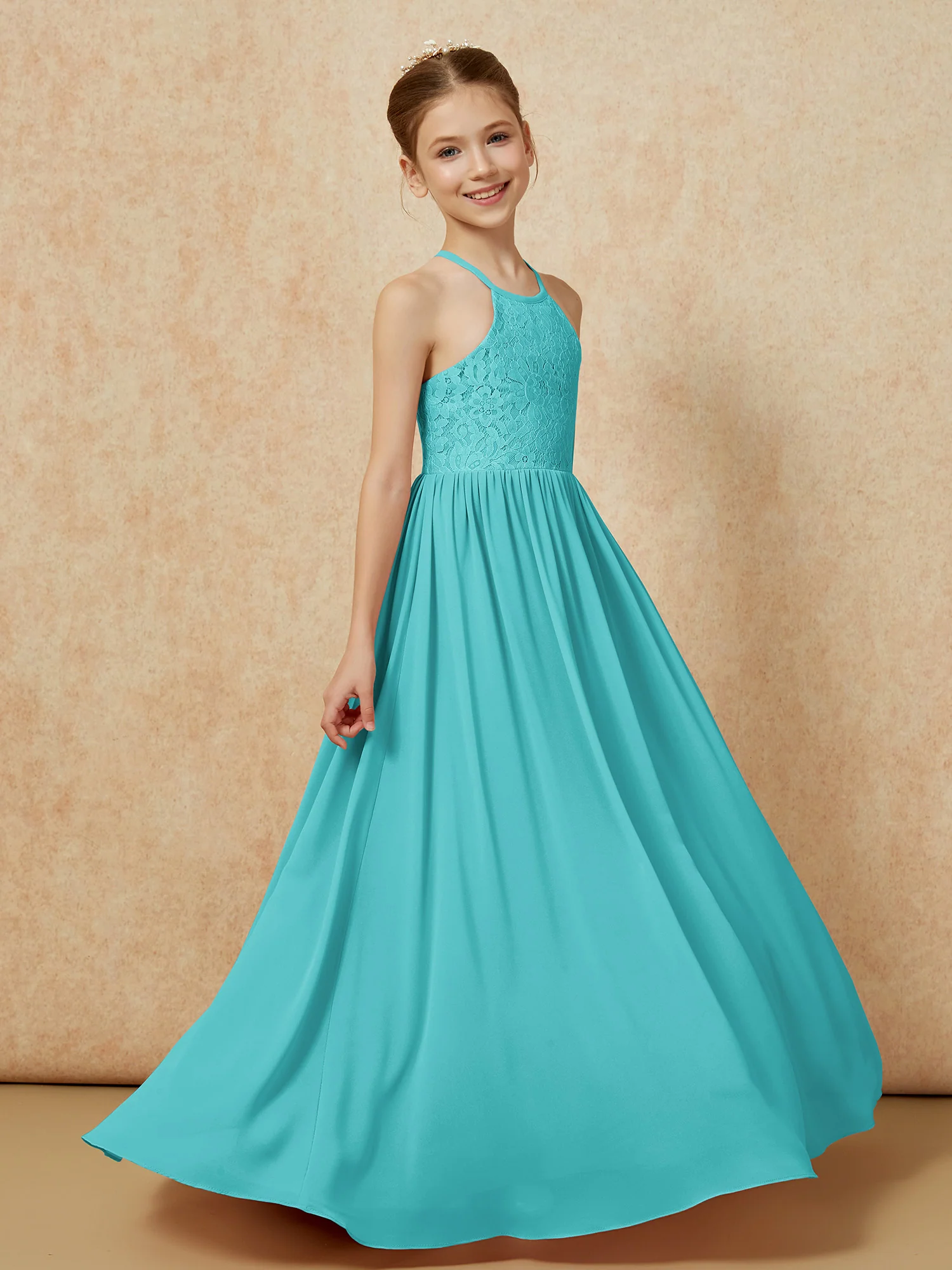 Pleated Lace Chiffion Long Junior Bridesmaid Dress Jade - Image 3