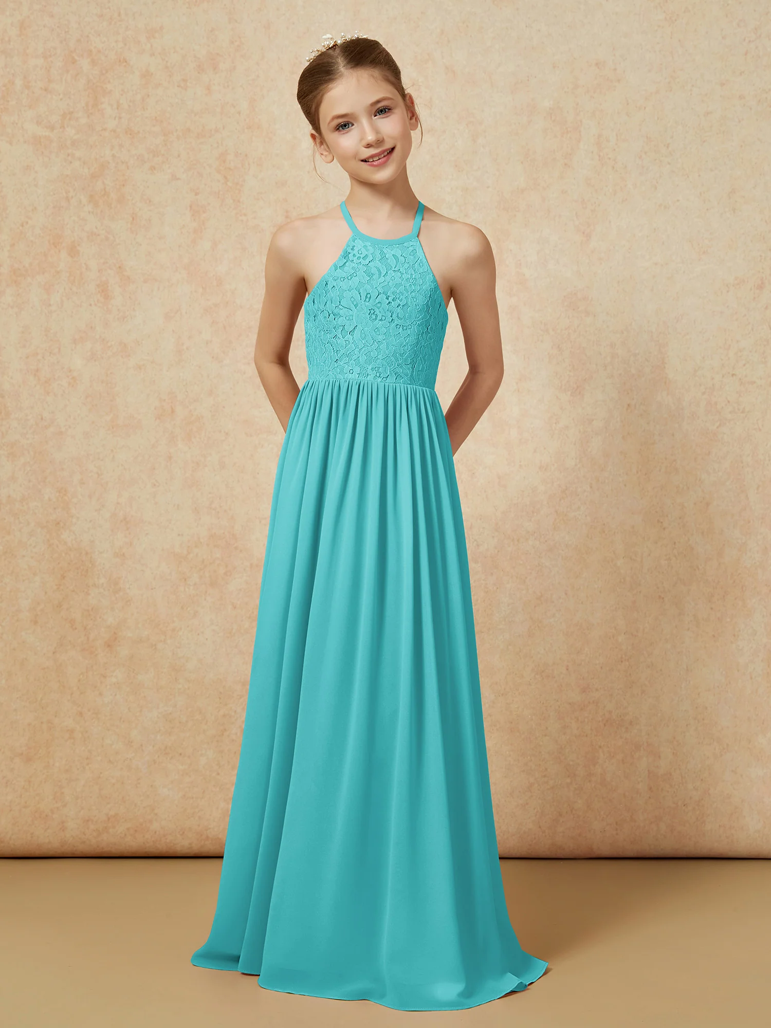 Pleated Lace Chiffion Long Junior Bridesmaid Dress Jade - Image 4