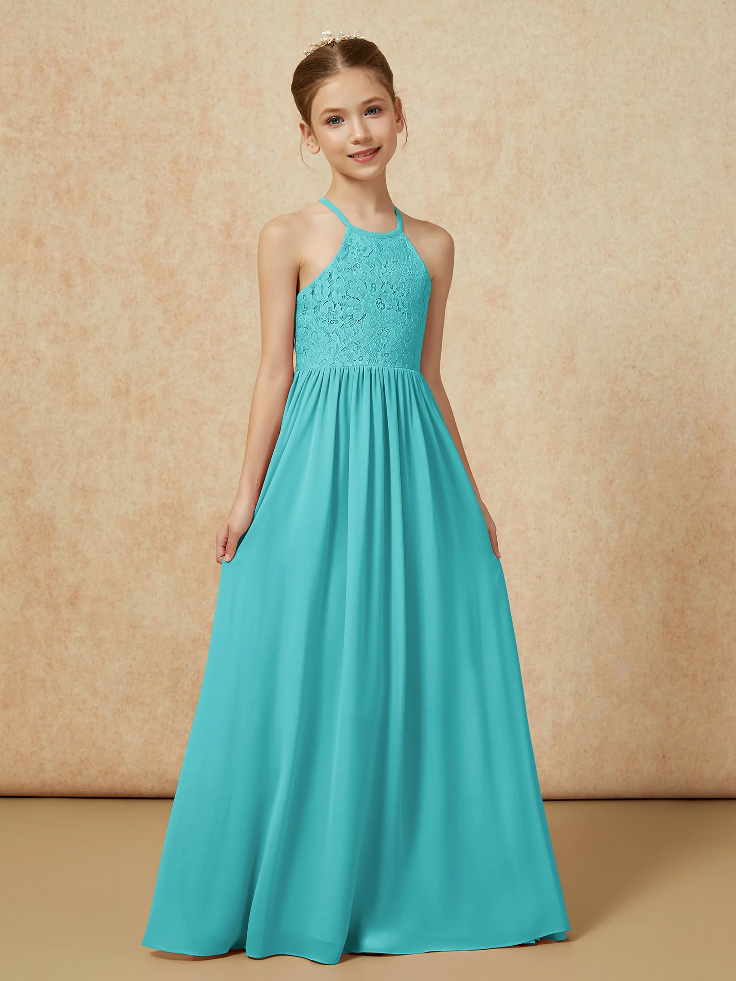 Pleated Lace Chiffion Long Junior Bridesmaid Dress Jade - Image 5