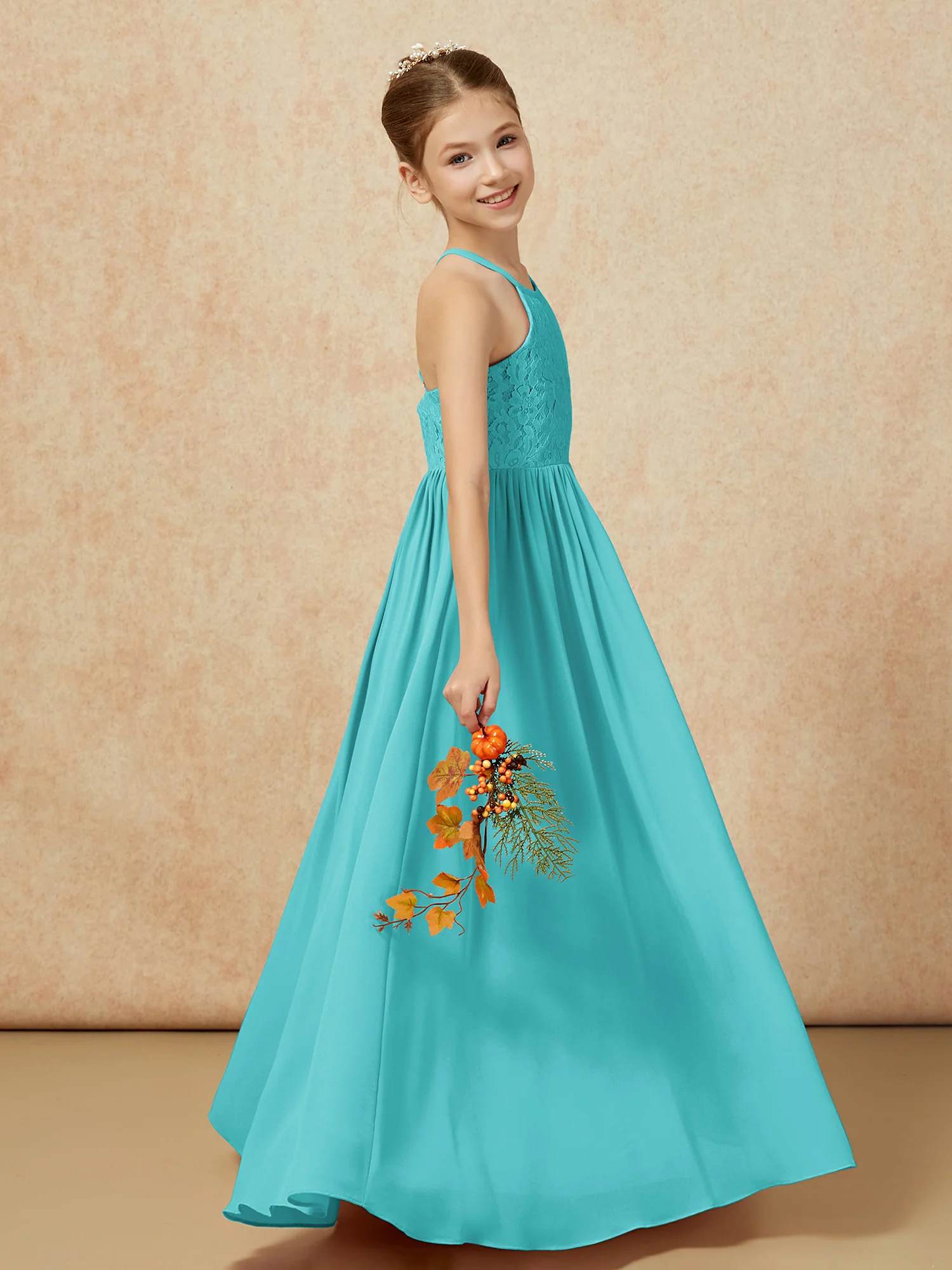 Pleated Lace Chiffion Long Junior Bridesmaid Dress Jade - Image 6