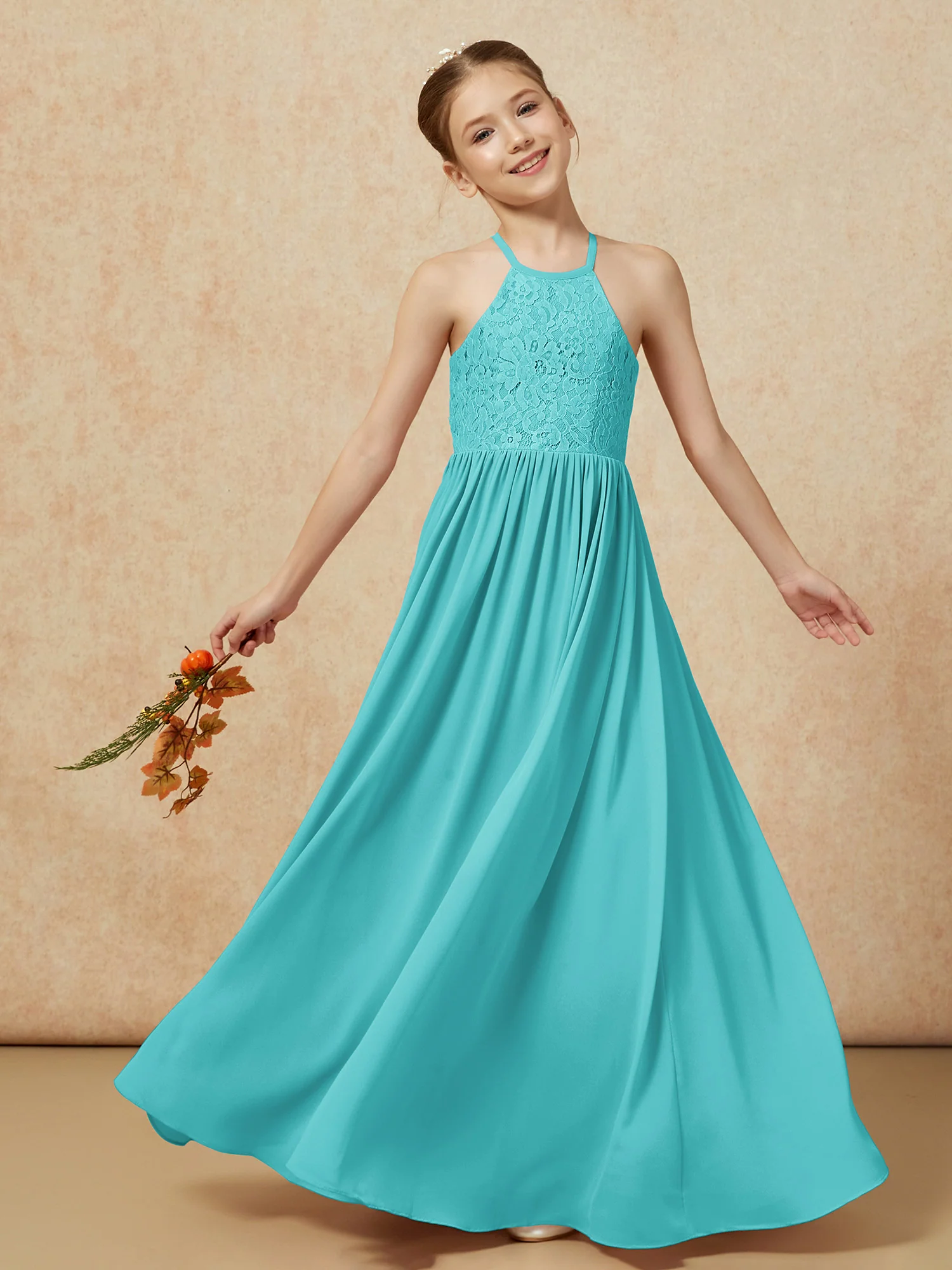 Pleated Lace Chiffion Long Junior Bridesmaid Dress Jade - Image 7