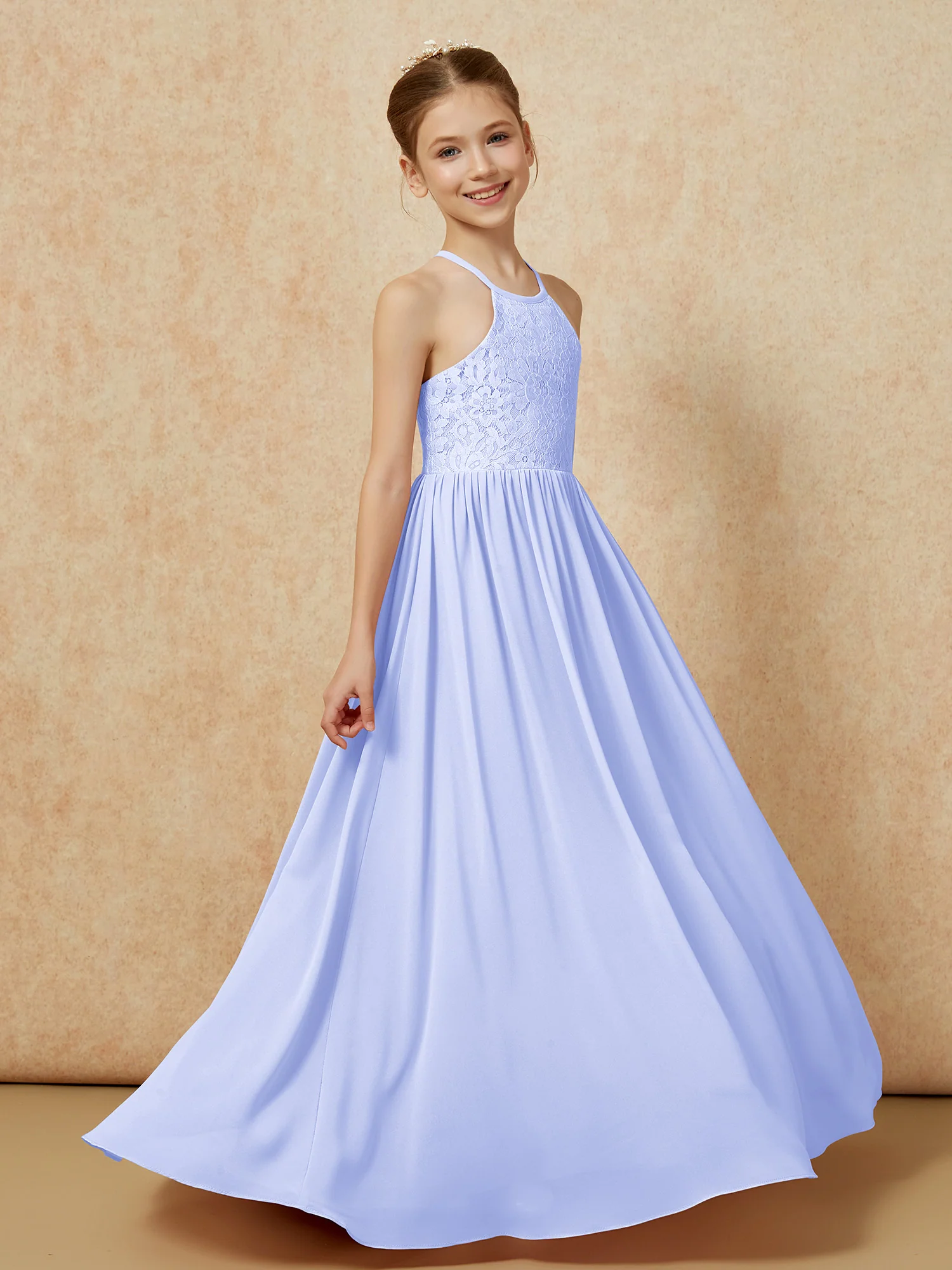 Pleated Lace Chiffion Long Junior Bridesmaid Dress Lavender - Image 3