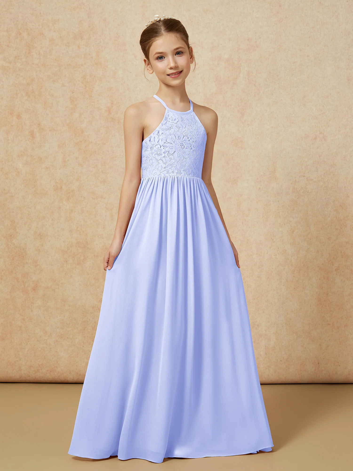 Pleated Lace Chiffion Long Junior Bridesmaid Dress Lavender - Image 5