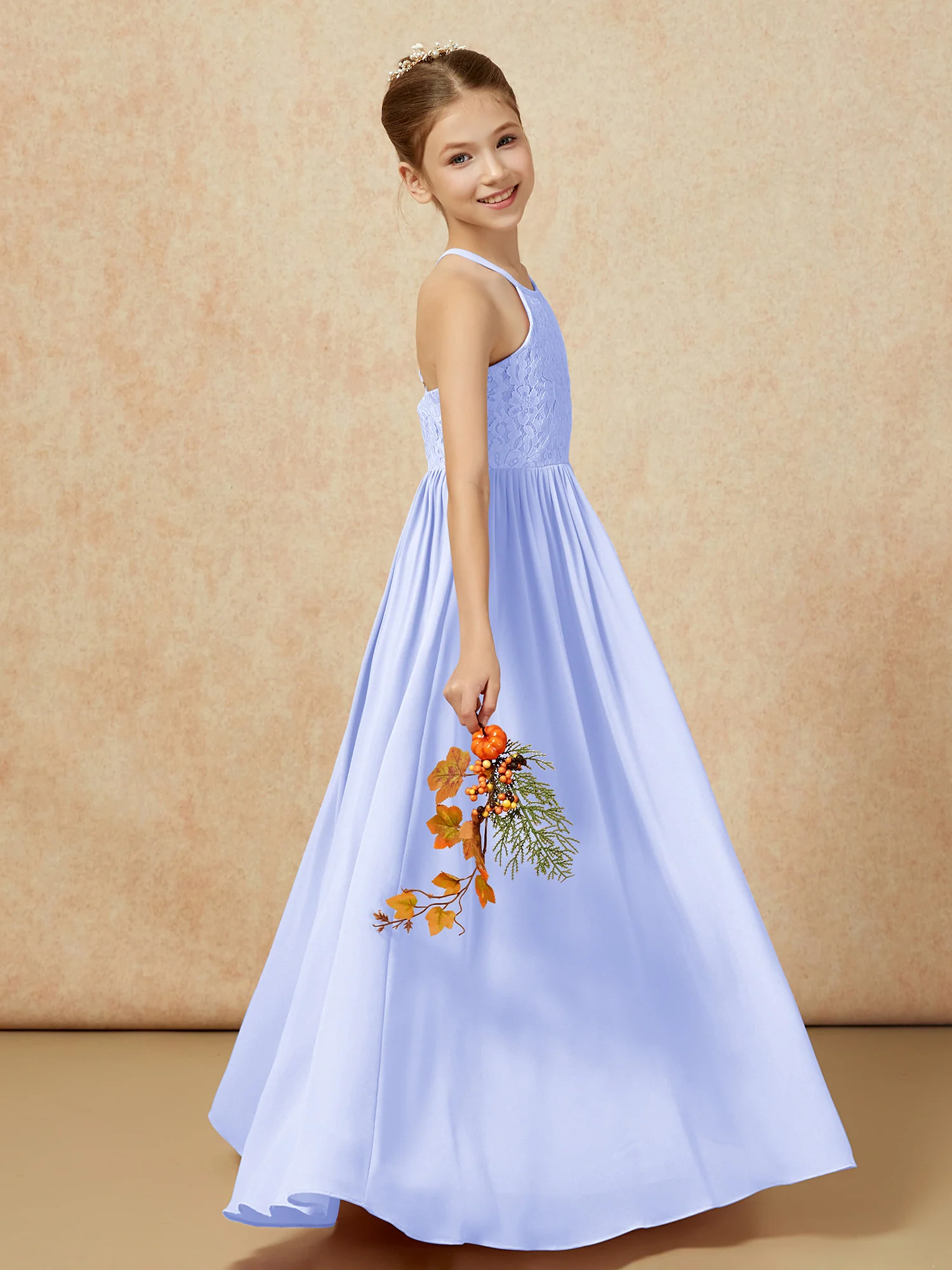 Pleated Lace Chiffion Long Junior Bridesmaid Dress Lavender - Image 6