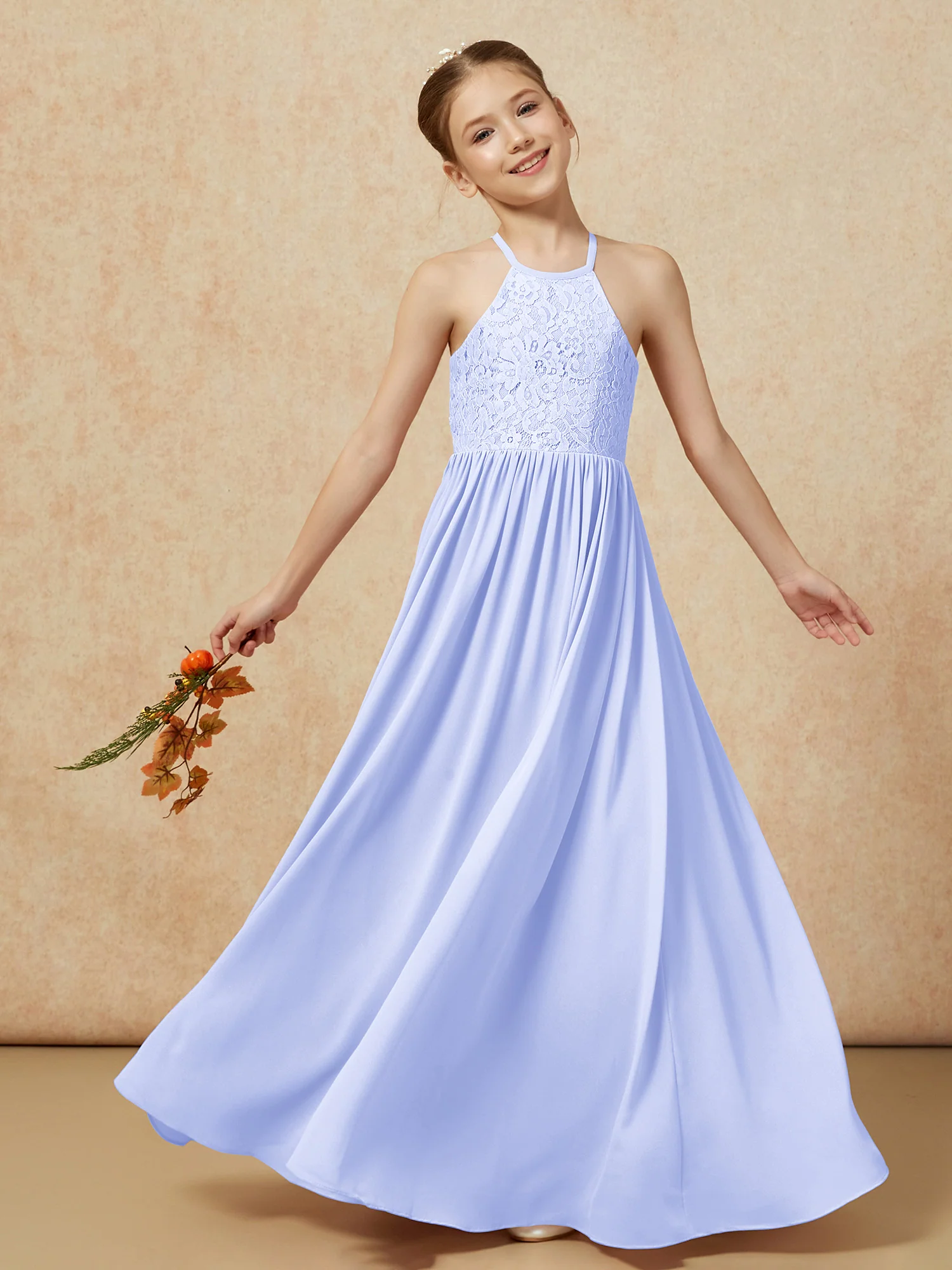 Pleated Lace Chiffion Long Junior Bridesmaid Dress Lavender - Image 7