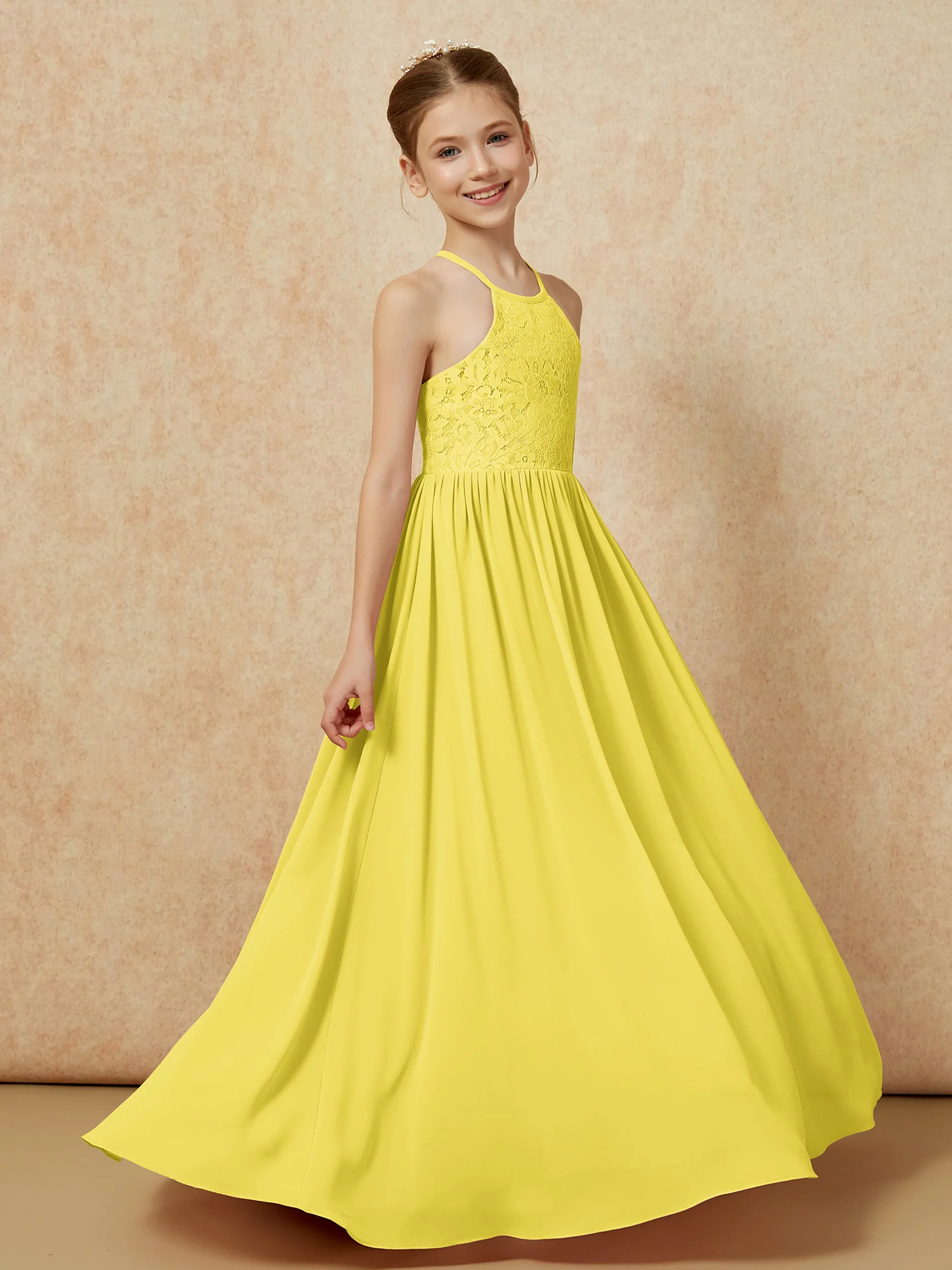 Pleated Lace Chiffion Long Junior Bridesmaid Dress Lemon - Image 3