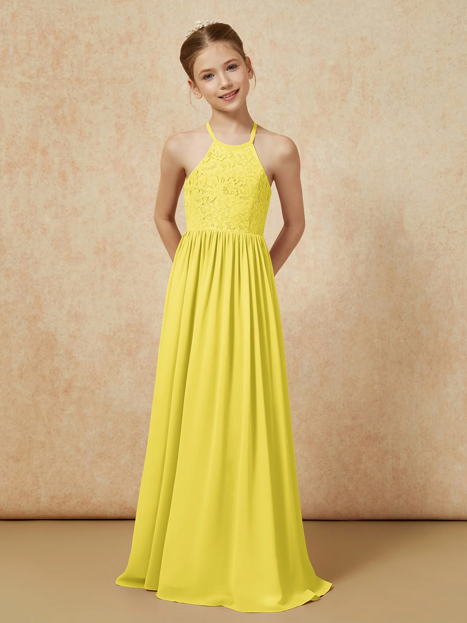 Pleated Lace Chiffion Long Junior Bridesmaid Dress Lemon - Image 4