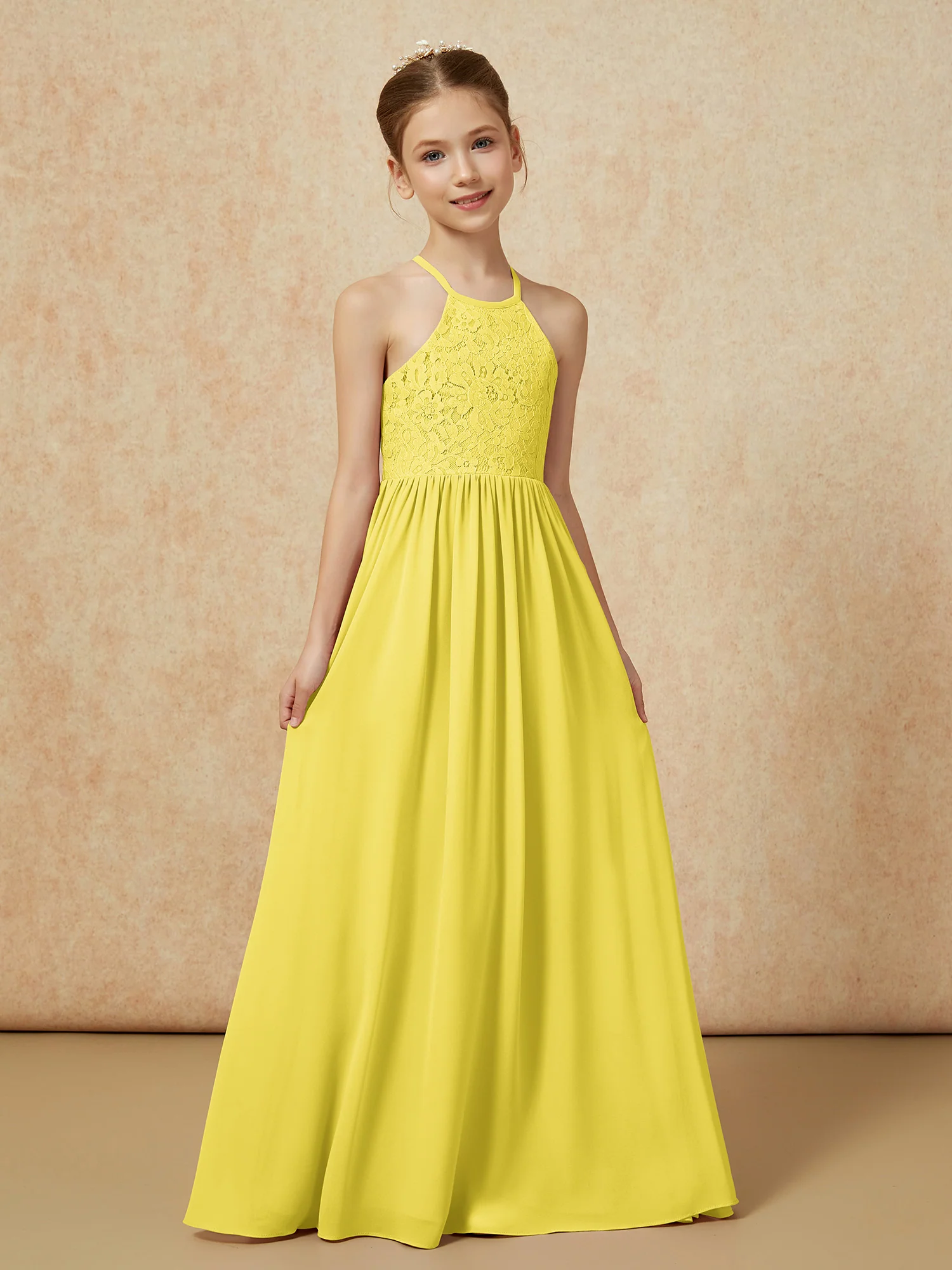 Pleated Lace Chiffion Long Junior Bridesmaid Dress Lemon - Image 5