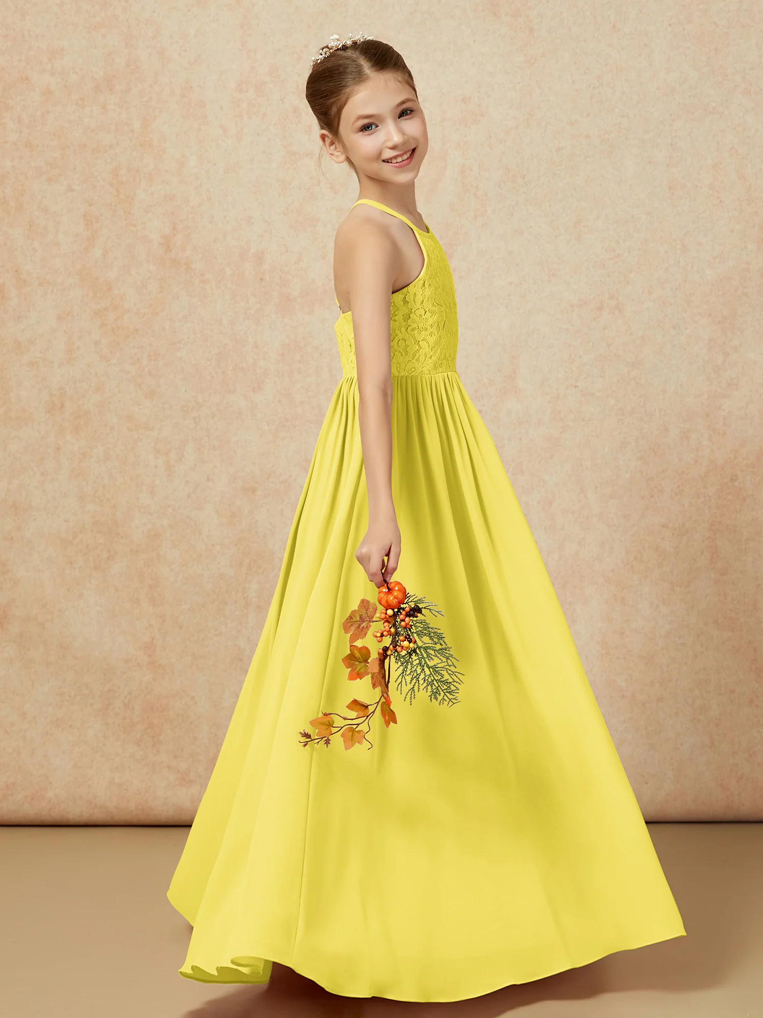 Pleated Lace Chiffion Long Junior Bridesmaid Dress Lemon - Image 6