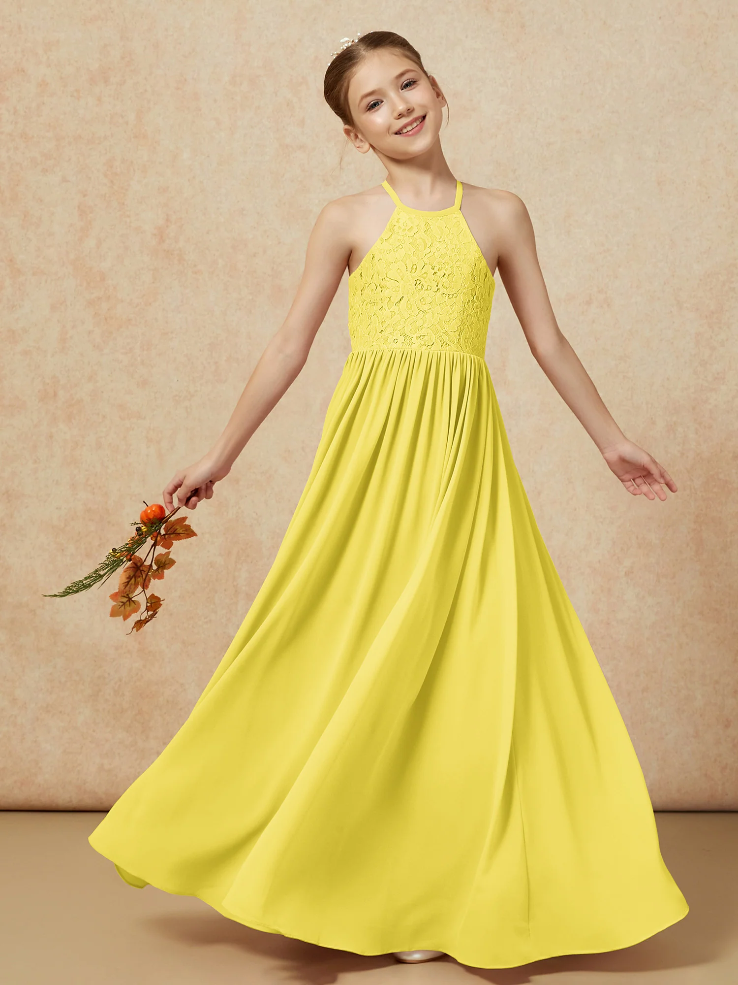 Pleated Lace Chiffion Long Junior Bridesmaid Dress Lemon - Image 7