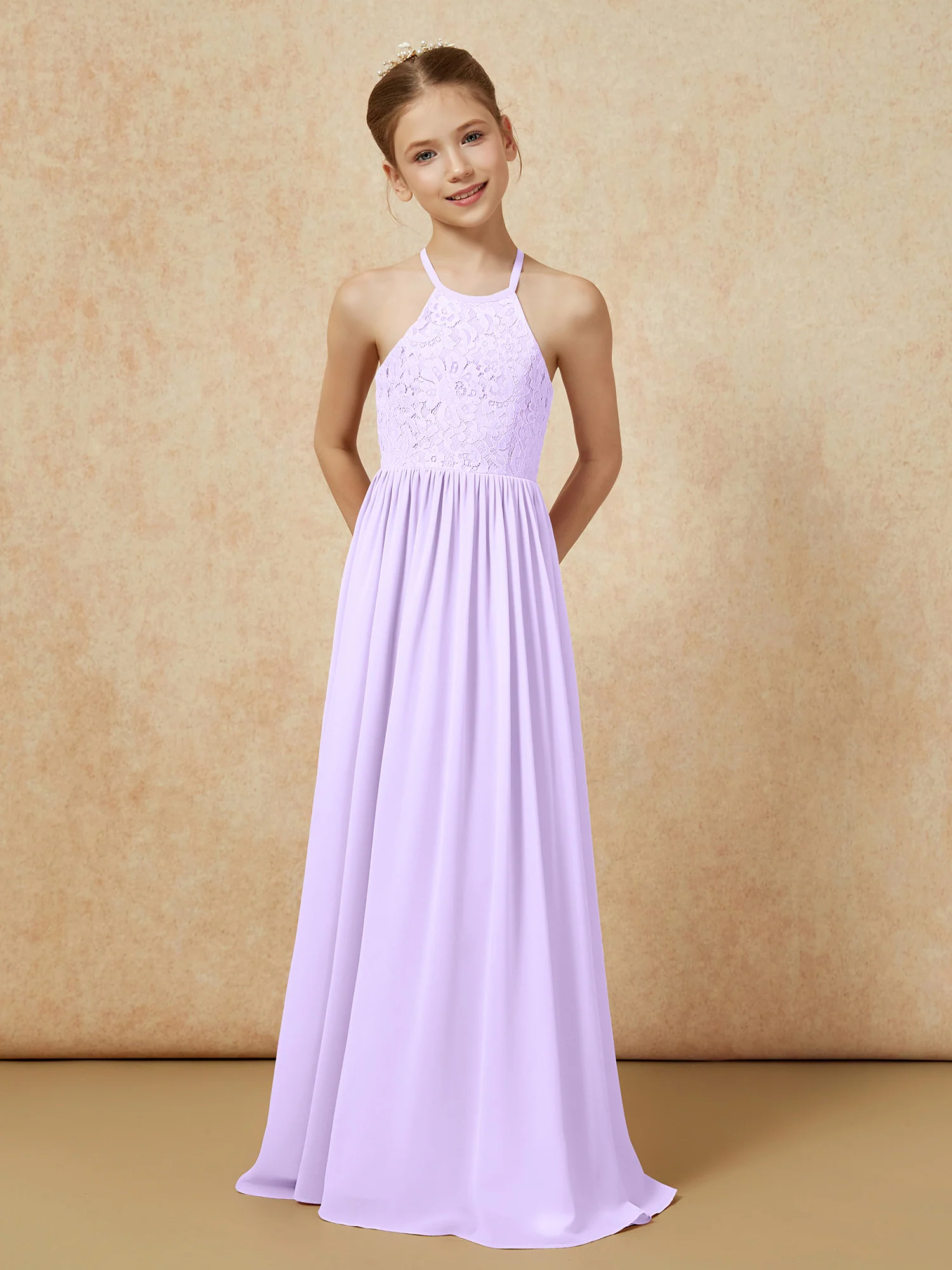 Pleated Lace Chiffion Long Junior Bridesmaid Dress Lilac - Image 4