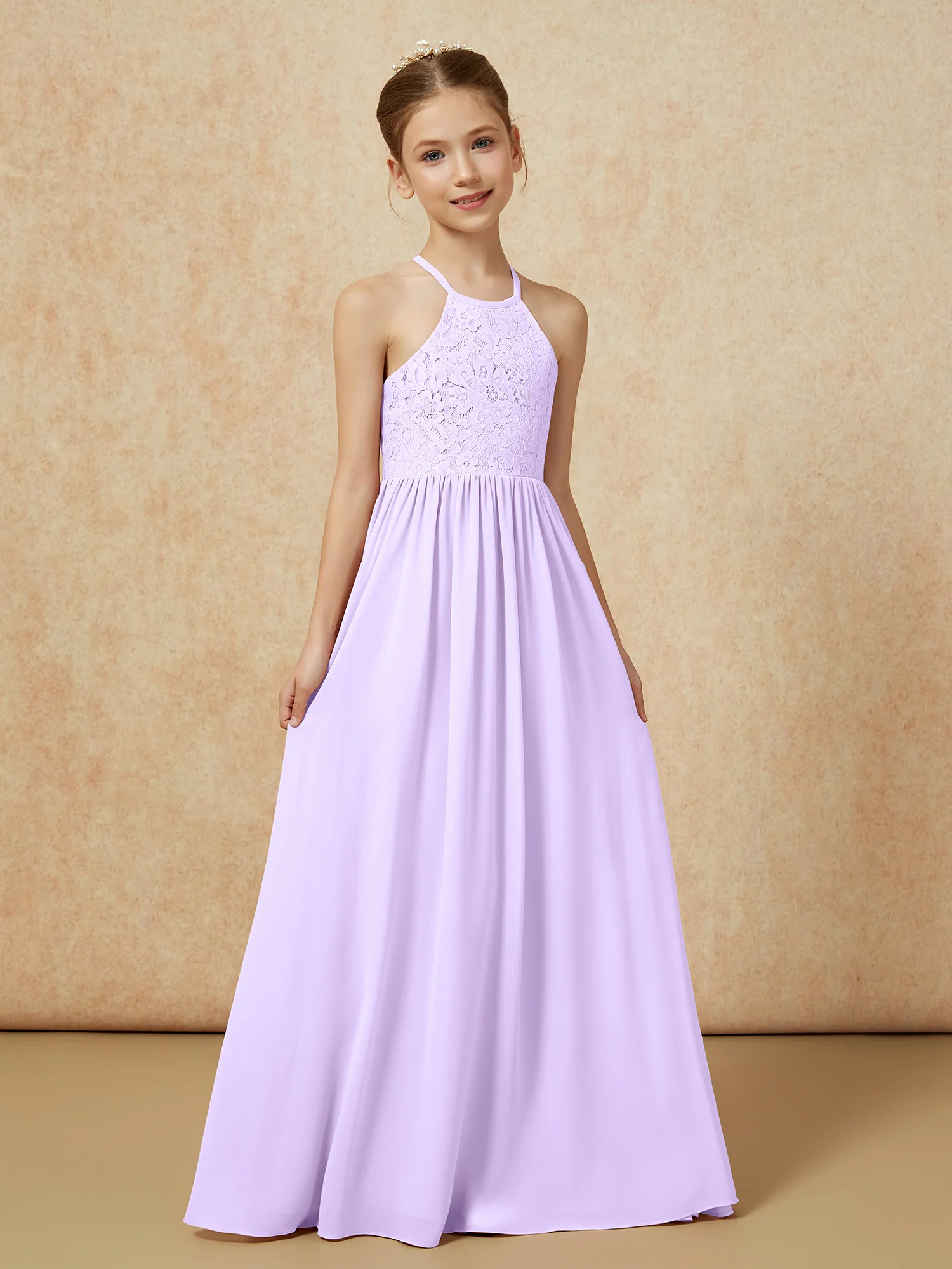 Pleated Lace Chiffion Long Junior Bridesmaid Dress Lilac - Image 5