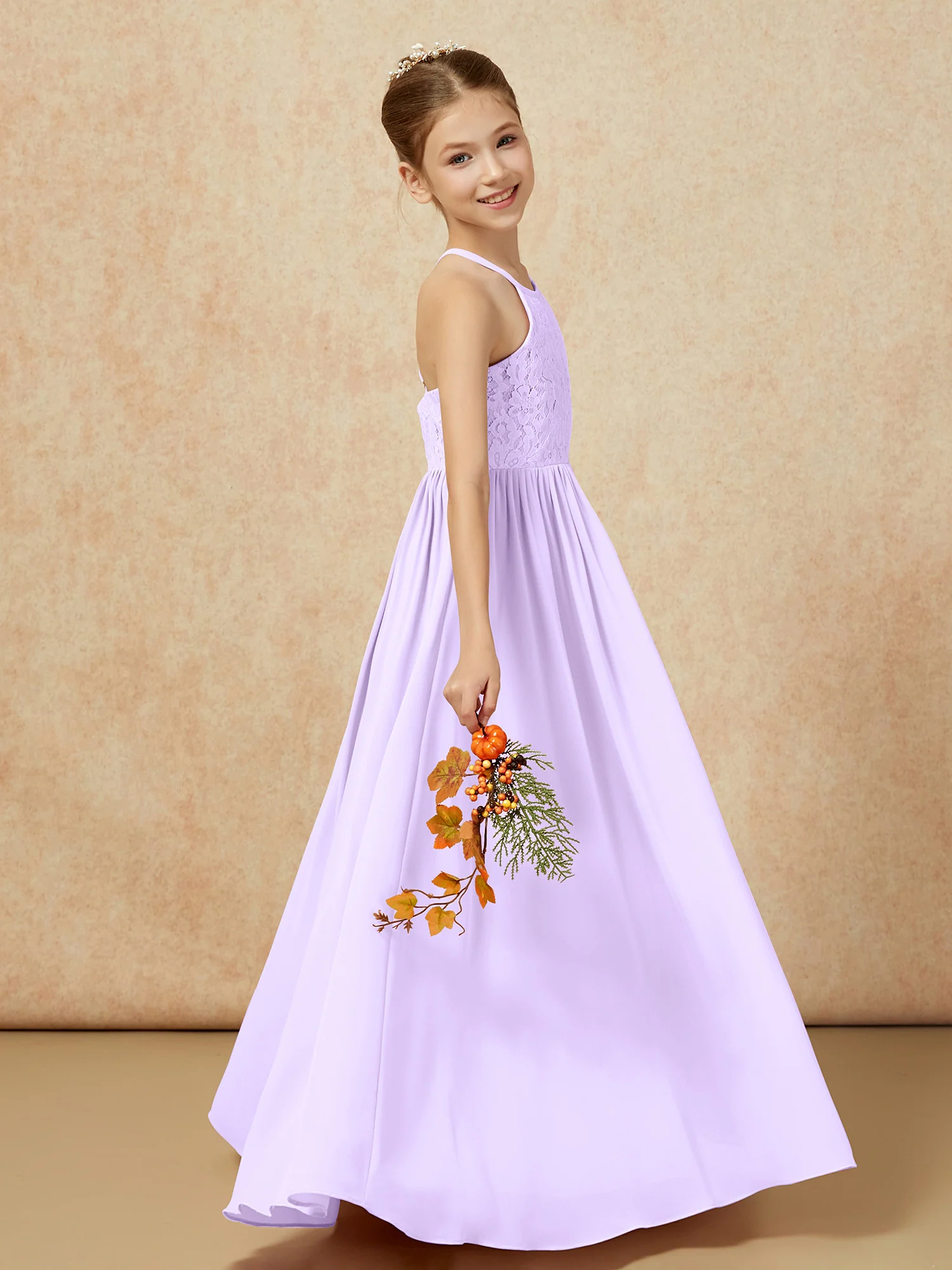 Pleated Lace Chiffion Long Junior Bridesmaid Dress Lilac - Image 6