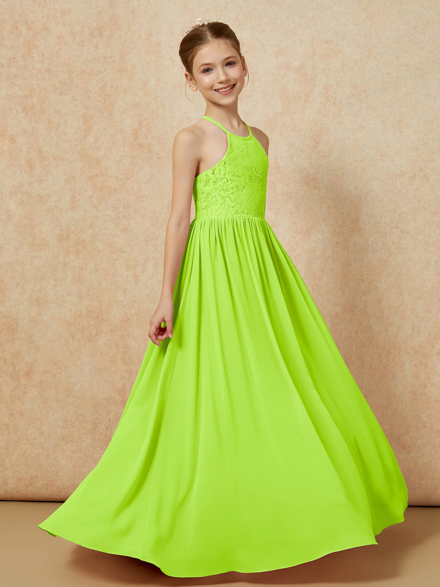 Pleated Lace Chiffion Long Junior Bridesmaid Dress Lime Green - Image 3