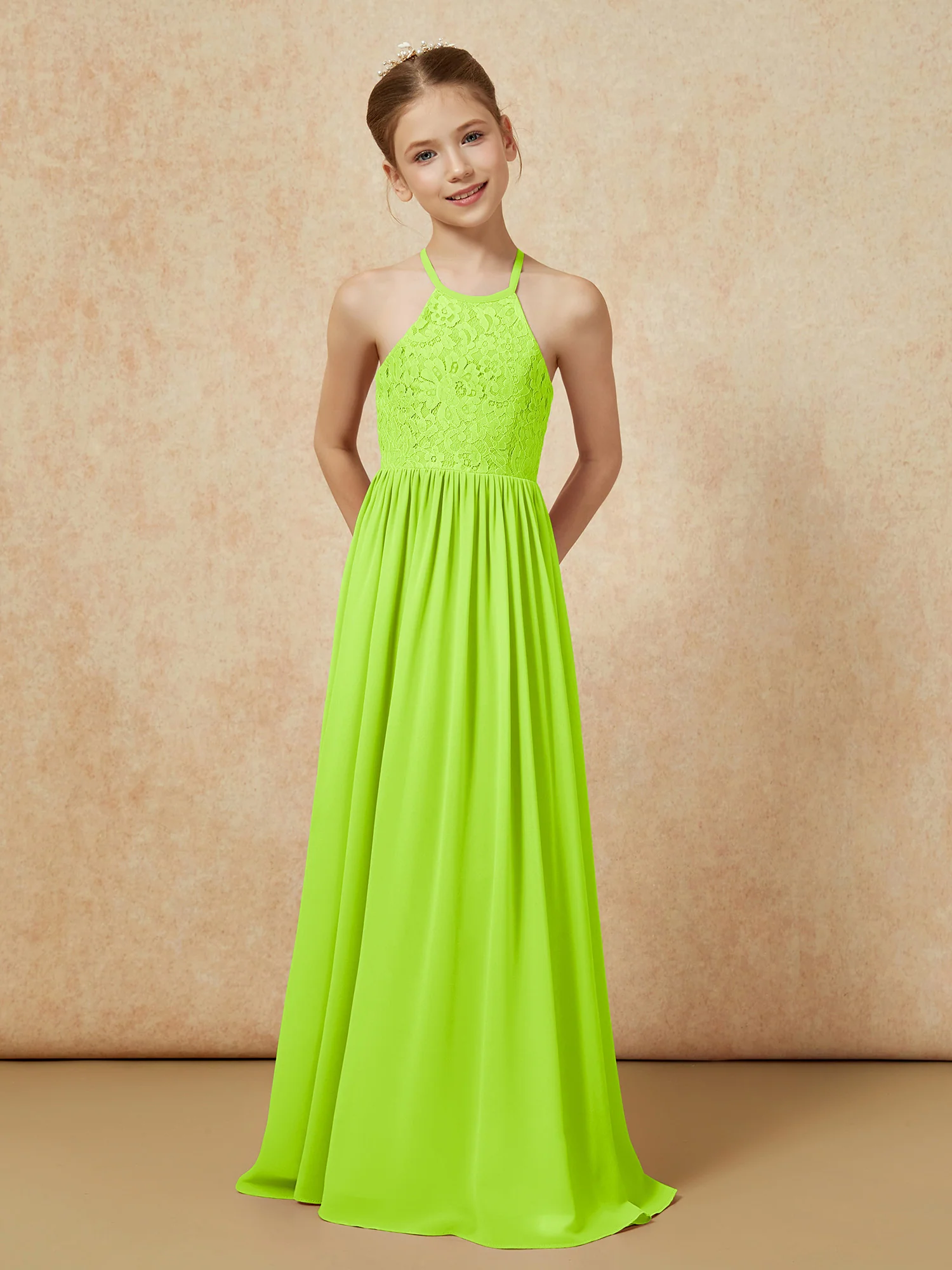Pleated Lace Chiffion Long Junior Bridesmaid Dress Lime Green - Image 4