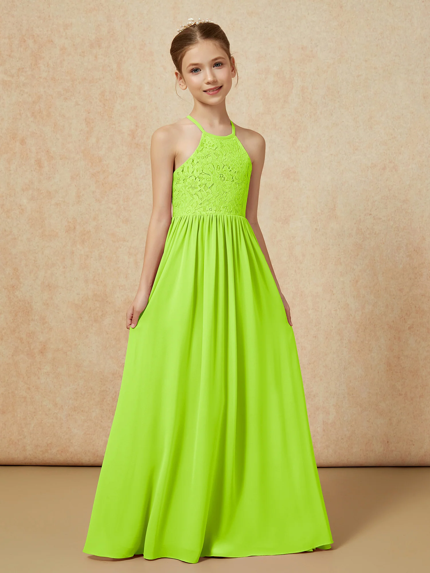 Pleated Lace Chiffion Long Junior Bridesmaid Dress Lime Green - Image 5