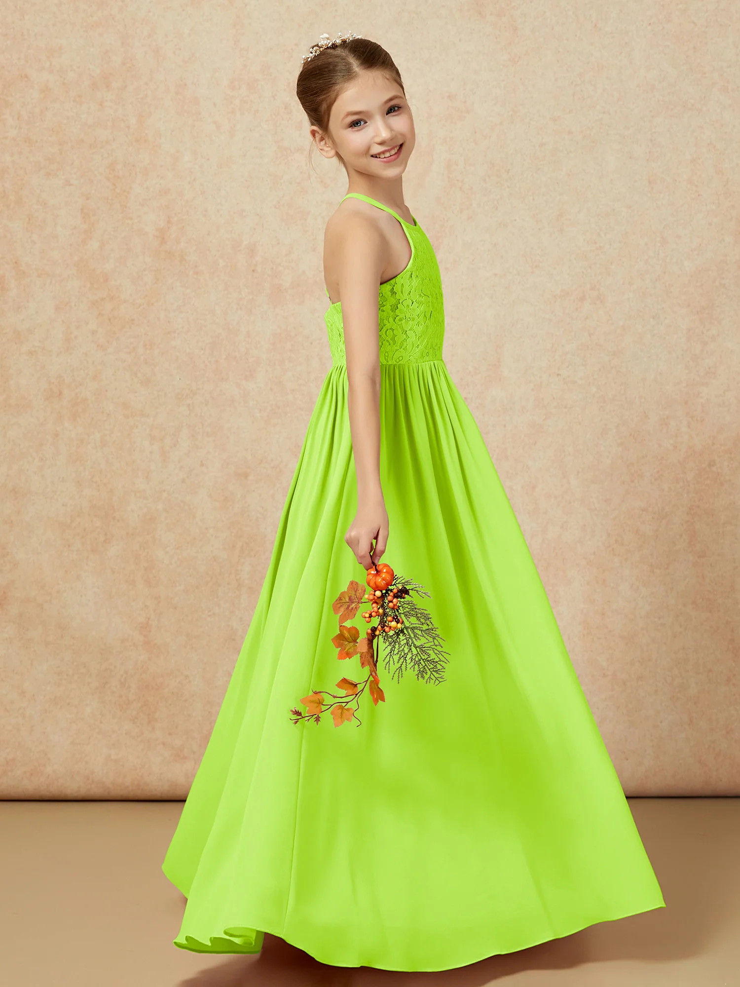 Pleated Lace Chiffion Long Junior Bridesmaid Dress Lime Green - Image 6