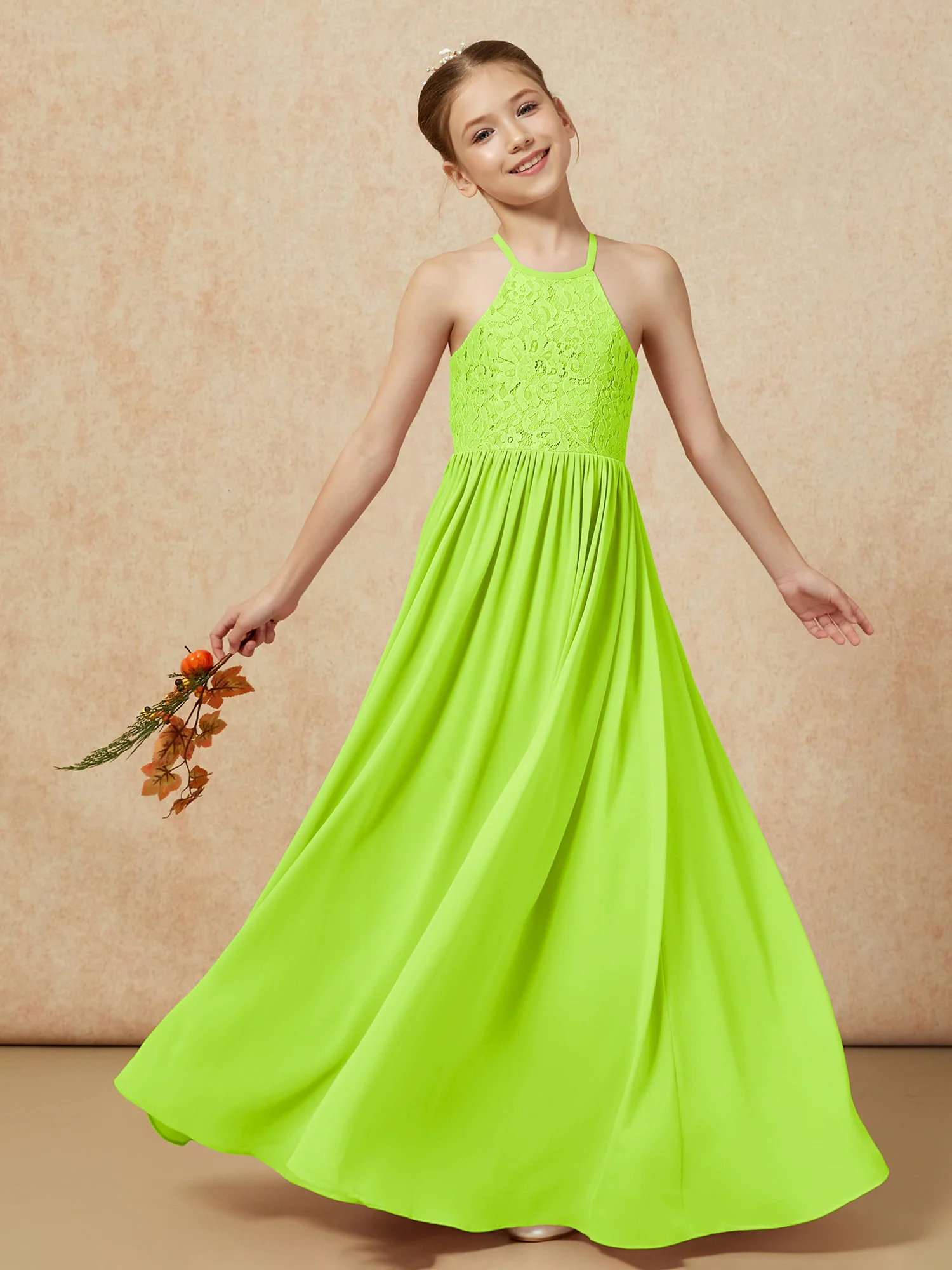 Pleated Lace Chiffion Long Junior Bridesmaid Dress Lime Green - Image 7