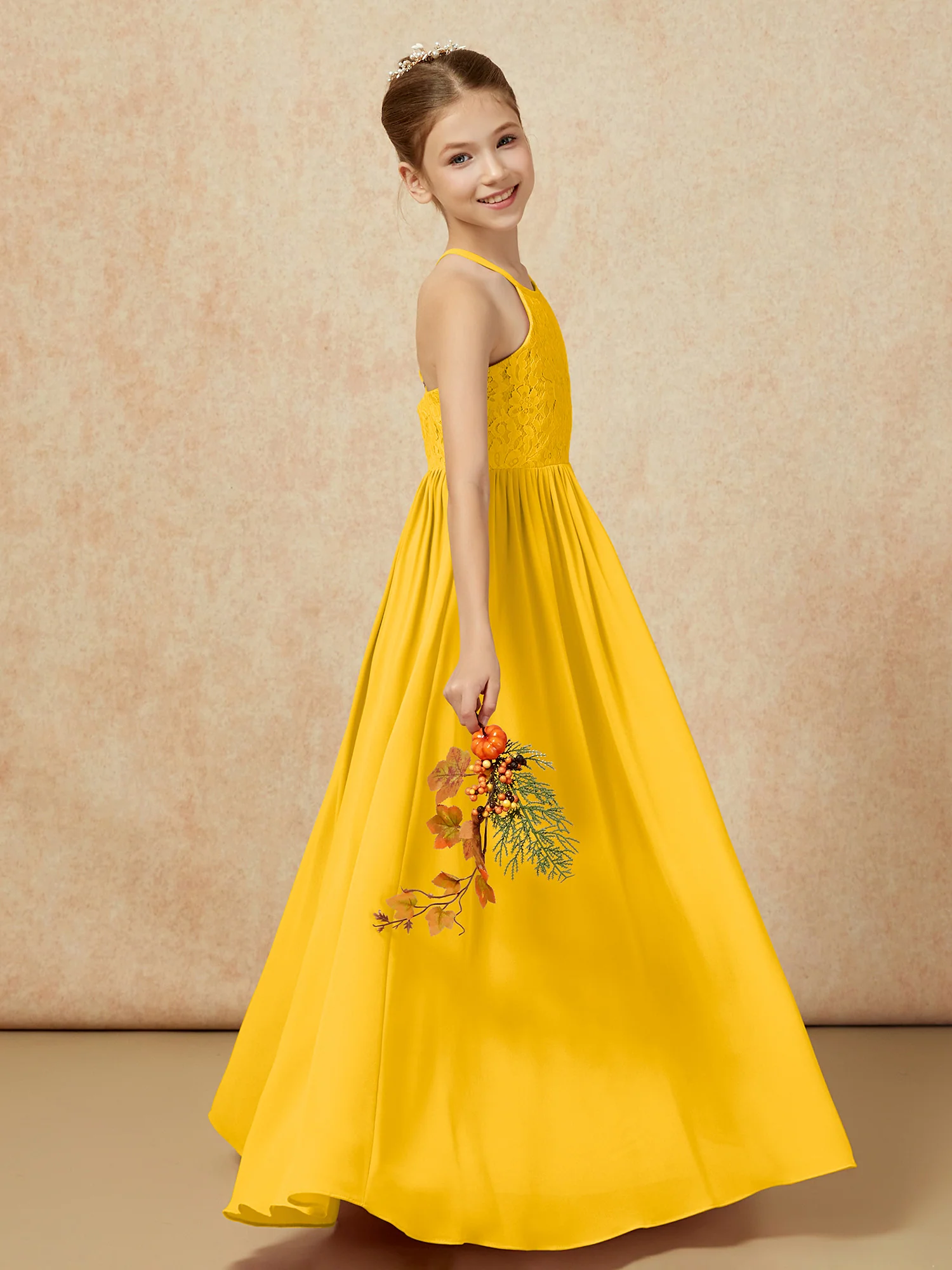 Pleated Lace Chiffion Long Junior Bridesmaid Dress Marigold - Image 6