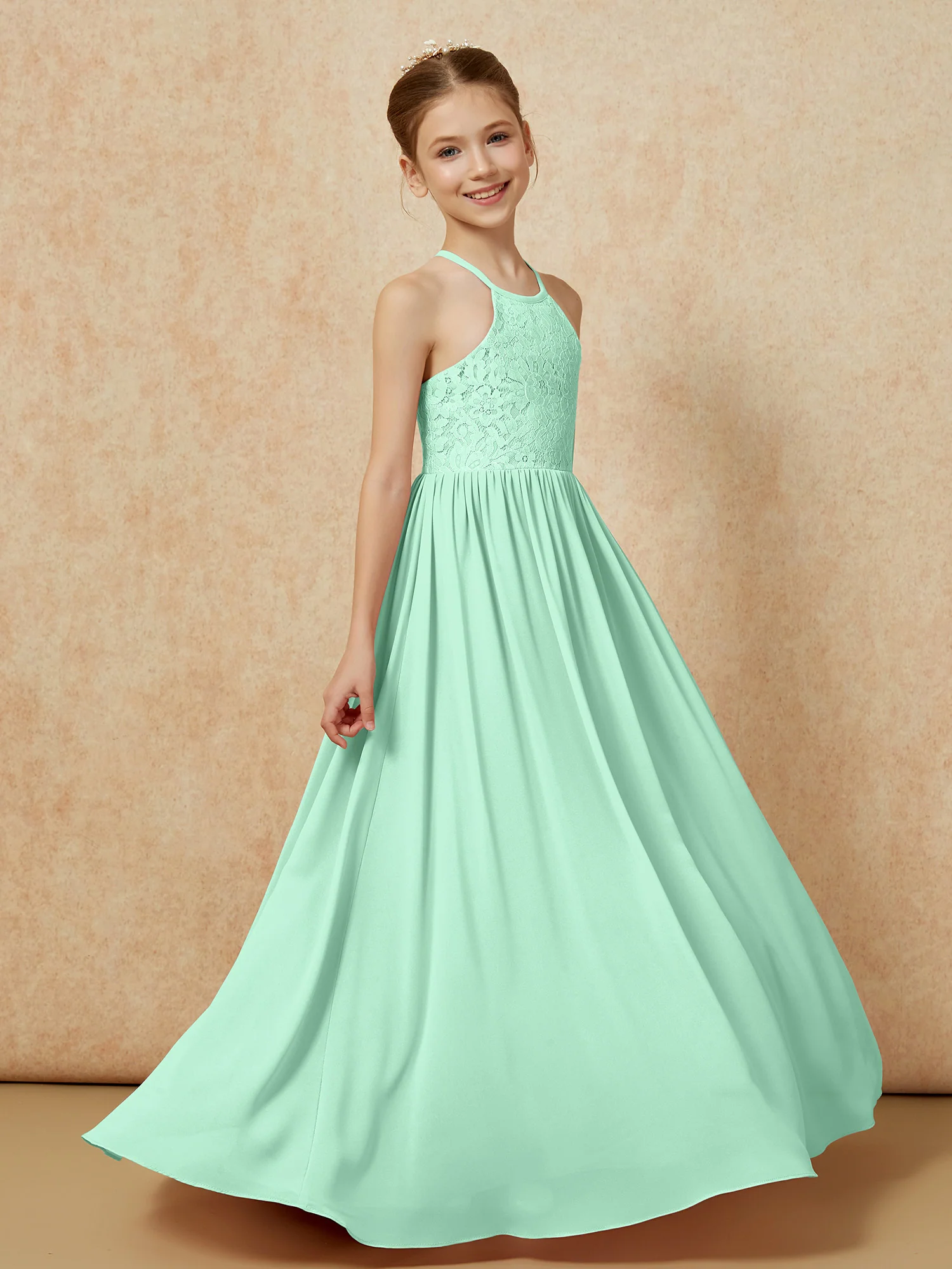 Pleated Lace Chiffion Long Junior Bridesmaid Dress Mint Green - Image 3