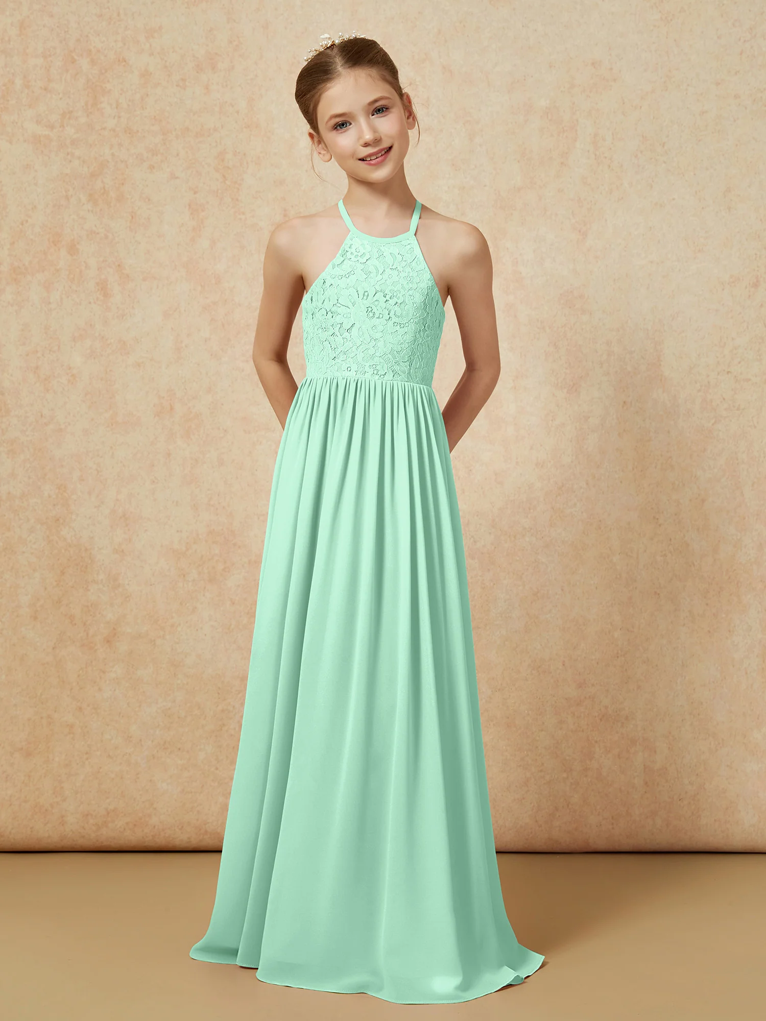 Pleated Lace Chiffion Long Junior Bridesmaid Dress Mint Green - Image 4
