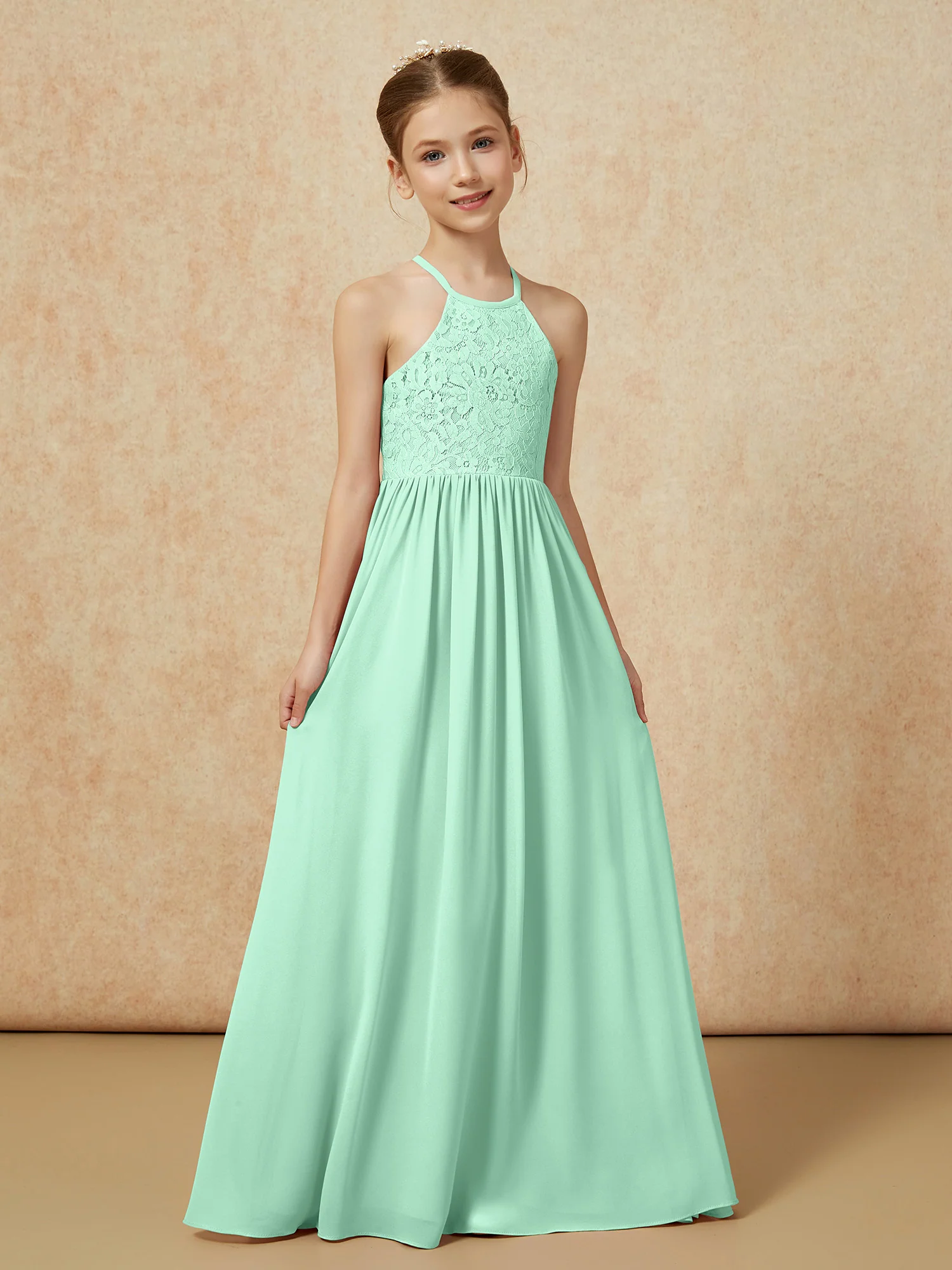 Pleated Lace Chiffion Long Junior Bridesmaid Dress Mint Green - Image 5