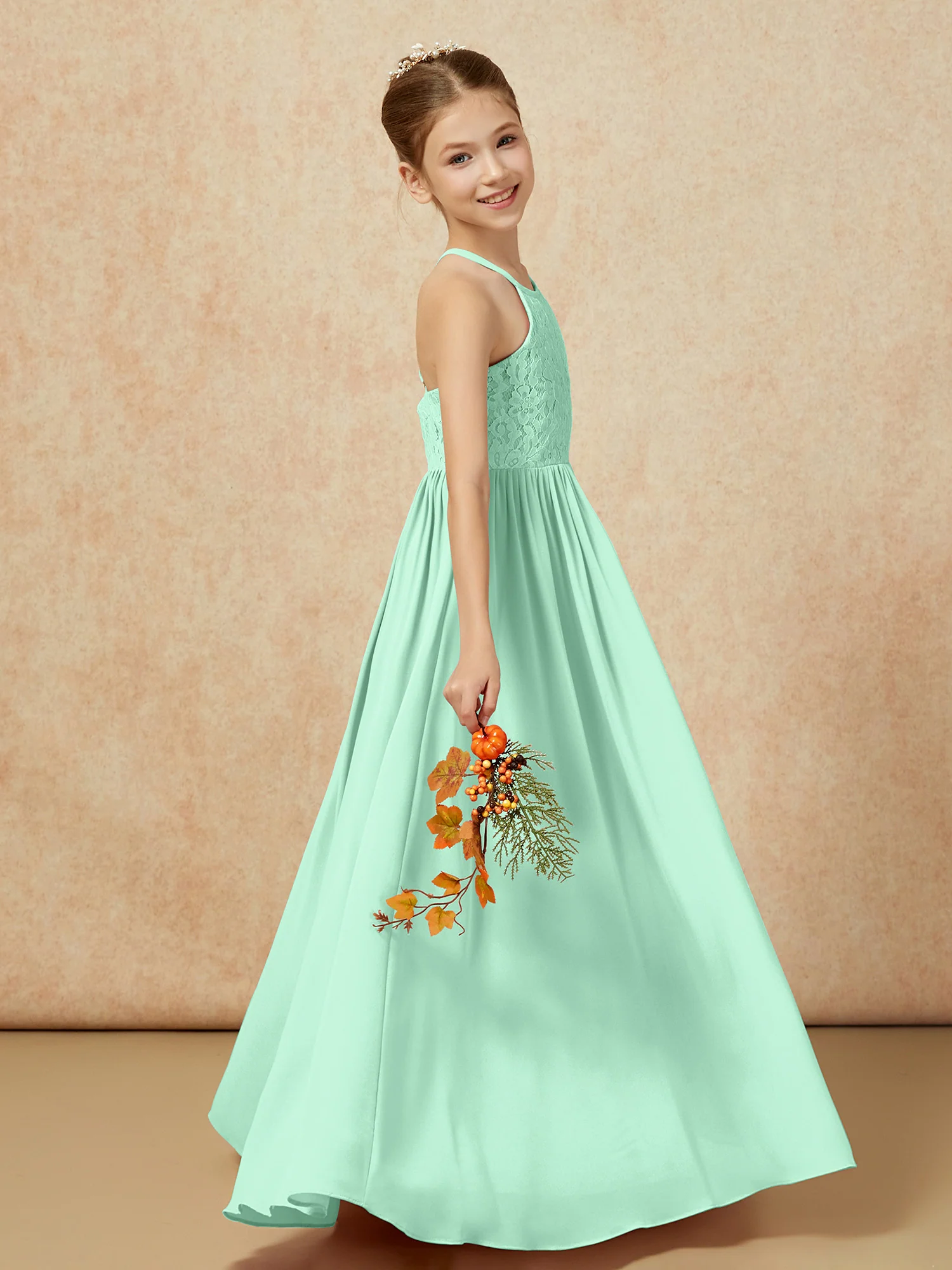 Pleated Lace Chiffion Long Junior Bridesmaid Dress Mint Green - Image 6