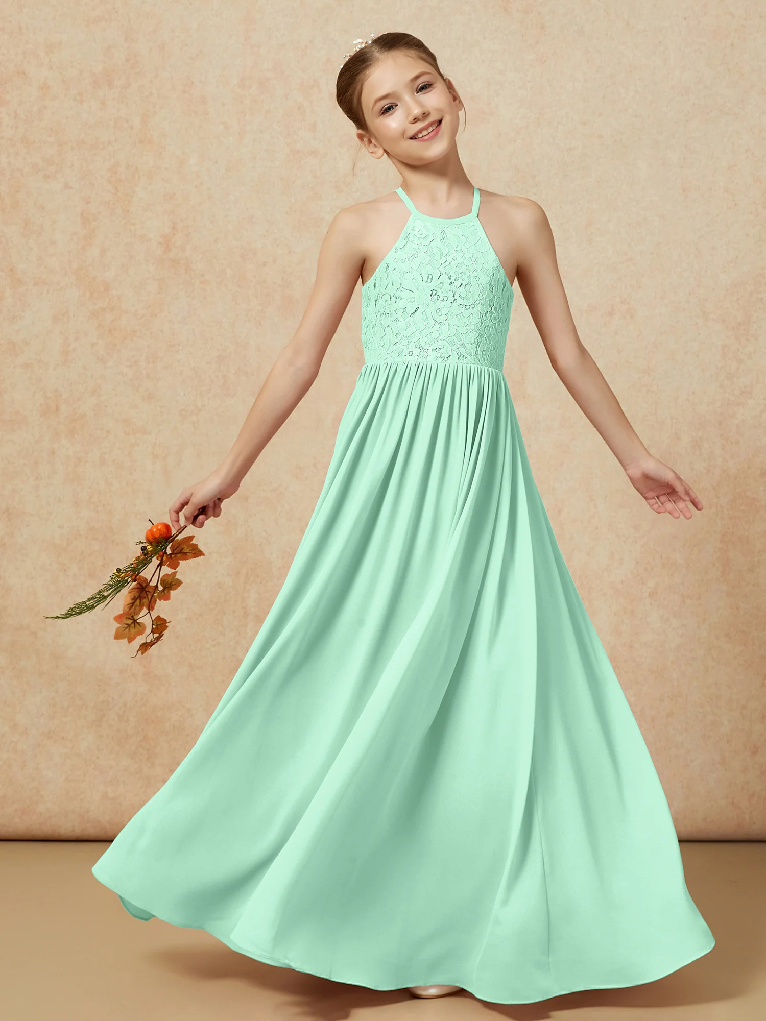 Pleated Lace Chiffion Long Junior Bridesmaid Dress Mint Green - Image 7