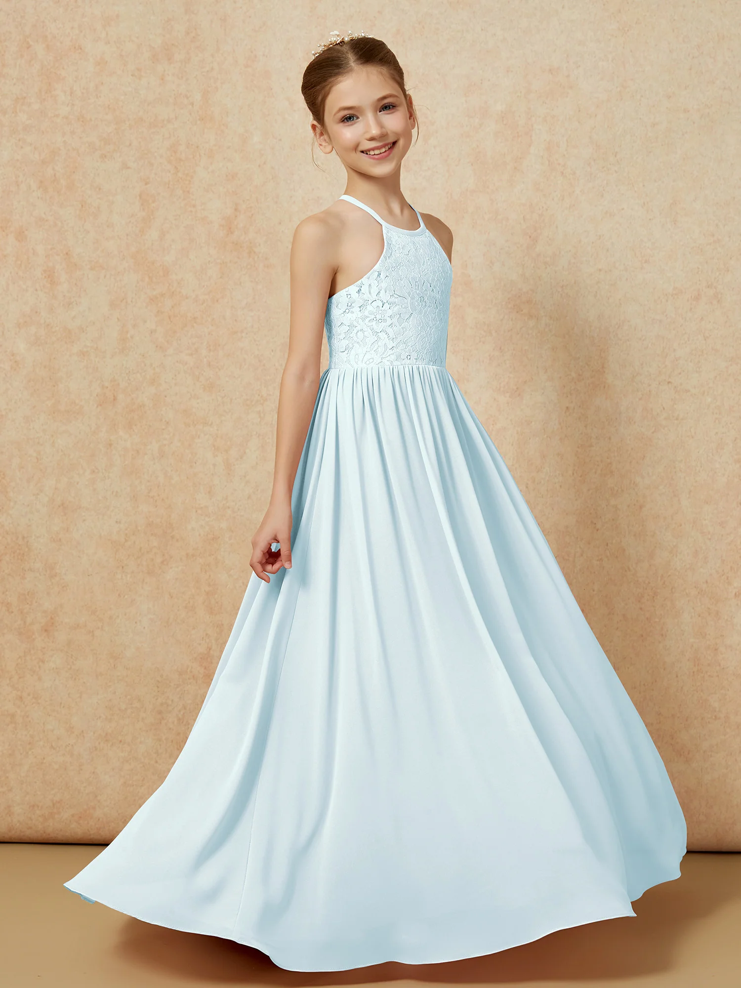 Pleated Lace Chiffion Long Junior Bridesmaid Dress Mist - Image 3