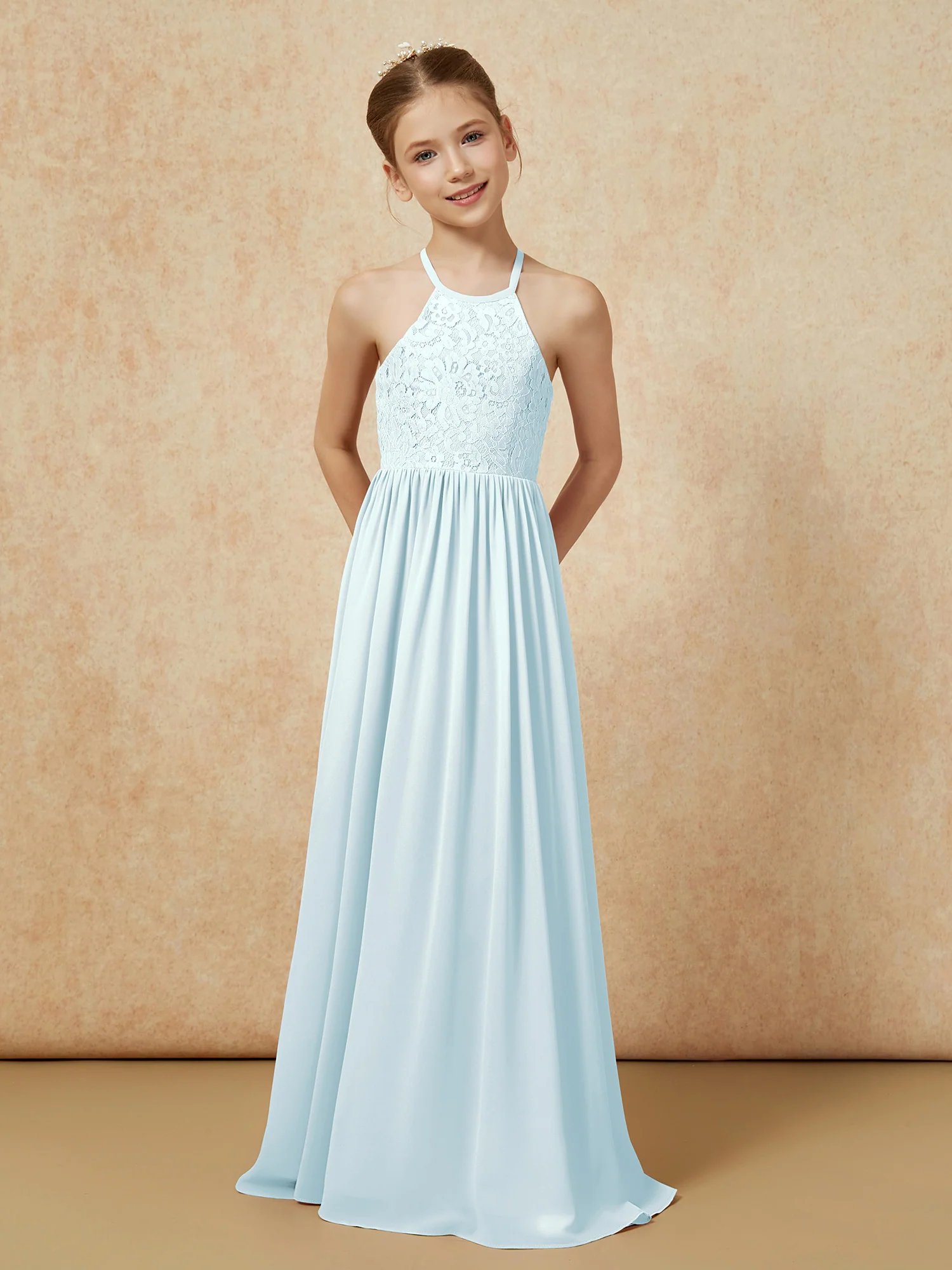 Pleated Lace Chiffion Long Junior Bridesmaid Dress Mist - Image 4