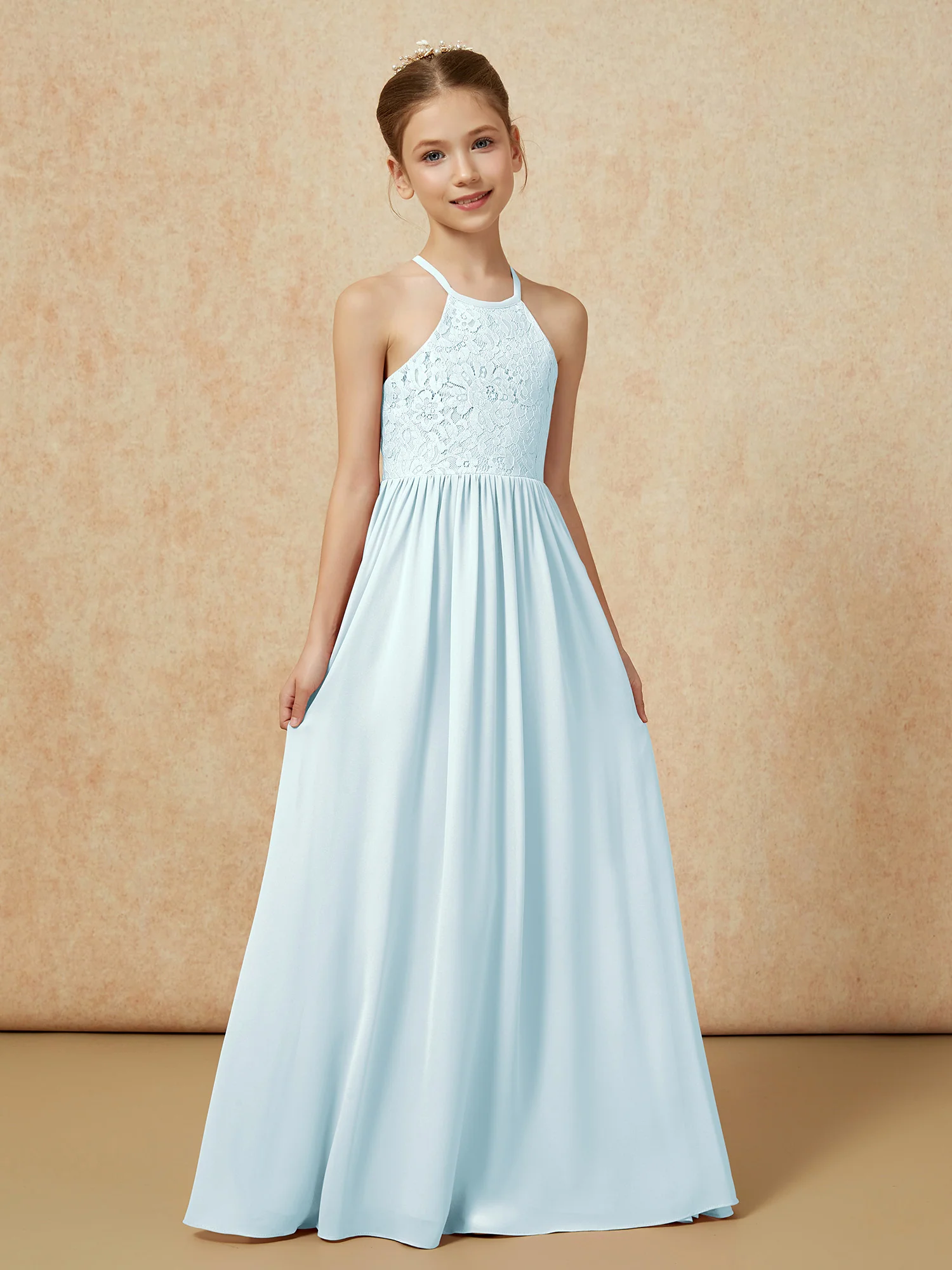 Pleated Lace Chiffion Long Junior Bridesmaid Dress Mist - Image 5