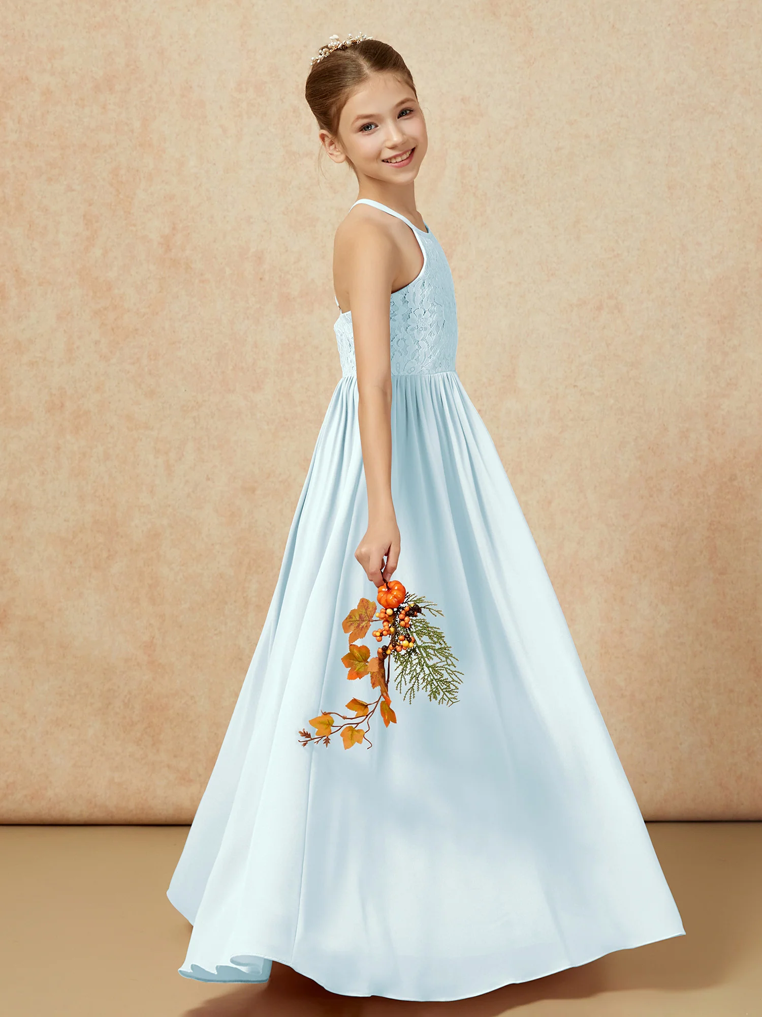 Pleated Lace Chiffion Long Junior Bridesmaid Dress Mist - Image 6