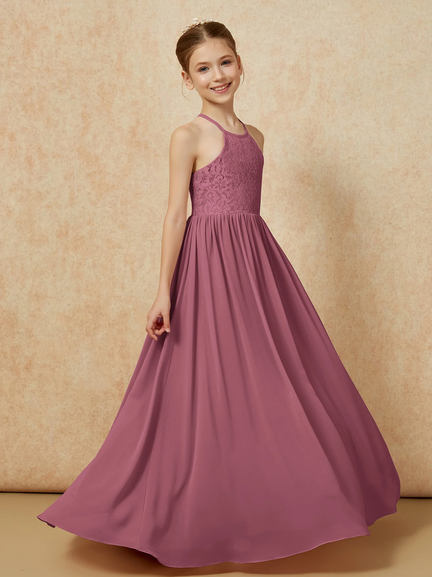 Pleated Lace Chiffion Long Junior Bridesmaid Dress Mulberry - Image 3