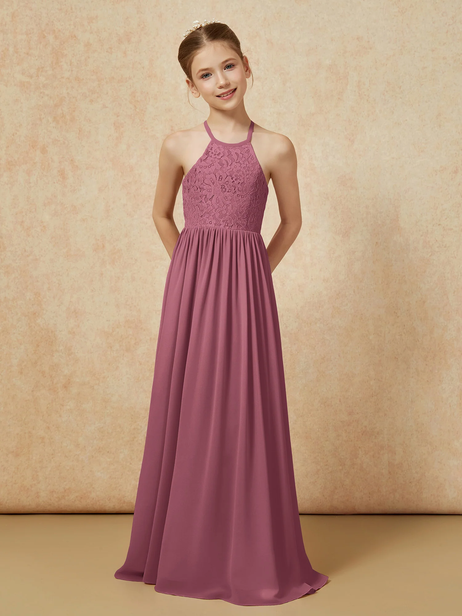 Pleated Lace Chiffion Long Junior Bridesmaid Dress Mulberry - Image 4
