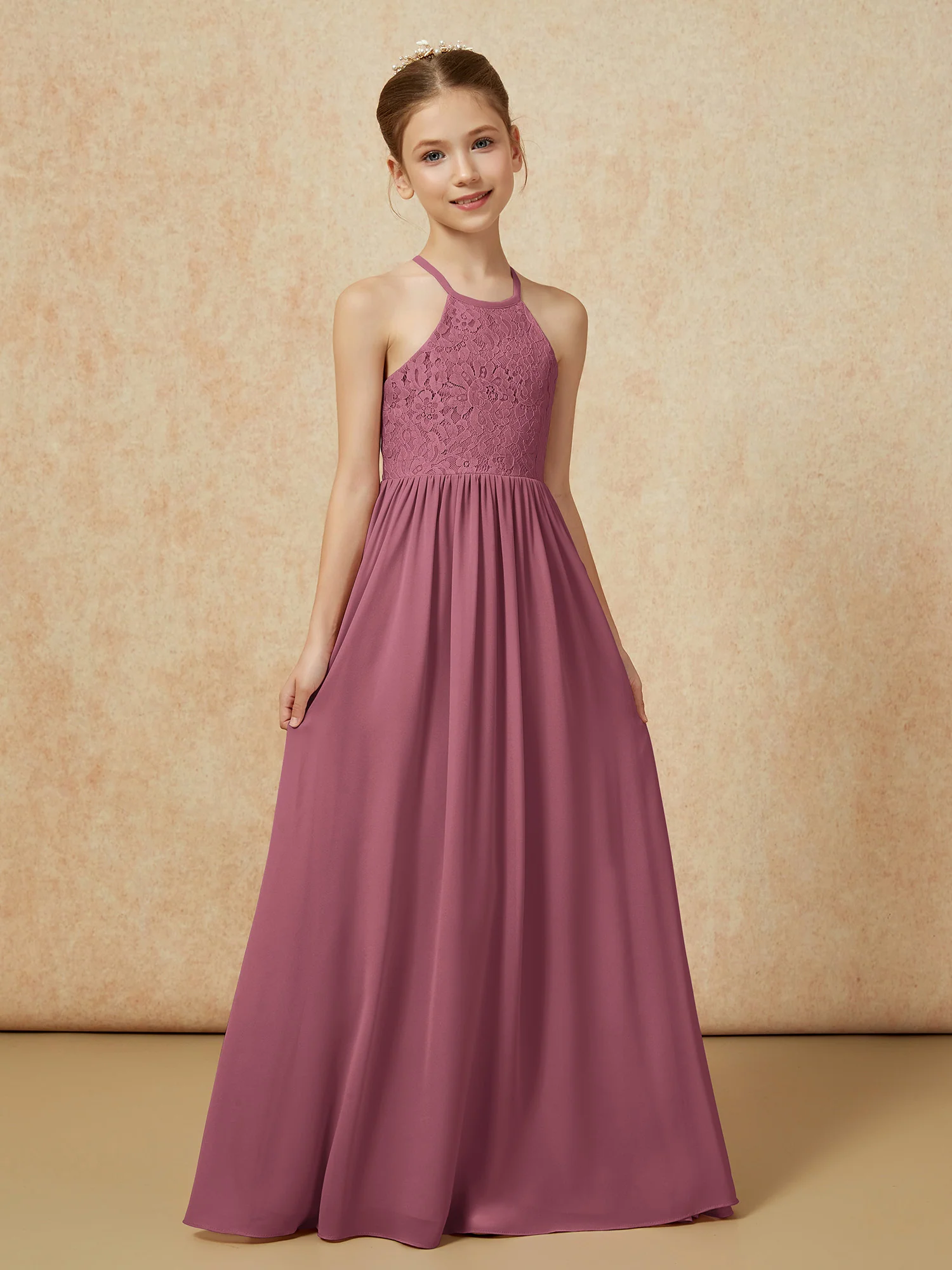 Pleated Lace Chiffion Long Junior Bridesmaid Dress Mulberry - Image 5