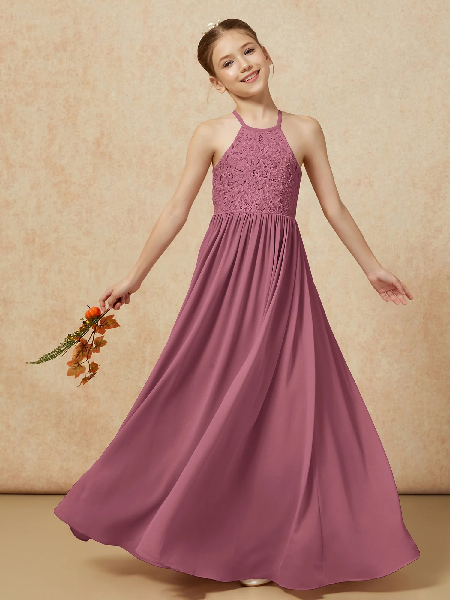 Pleated Lace Chiffion Long Junior Bridesmaid Dress Mulberry - Image 7