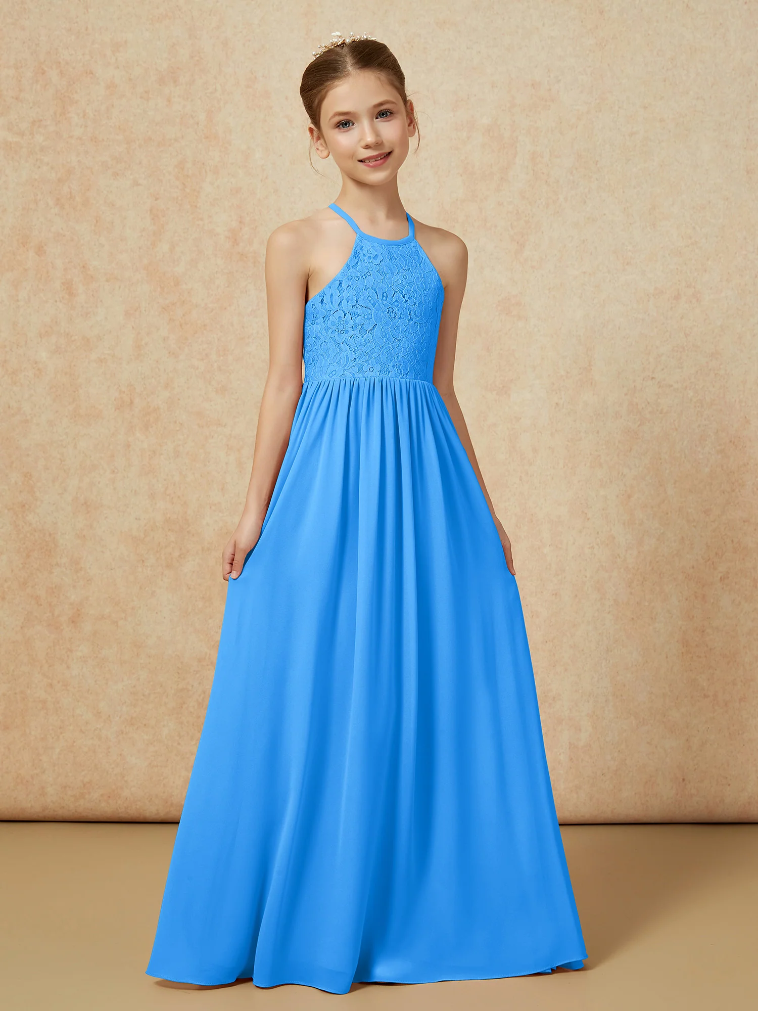 Pleated Lace Chiffion Long Junior Bridesmaid Dress Ocean Blue - Image 5