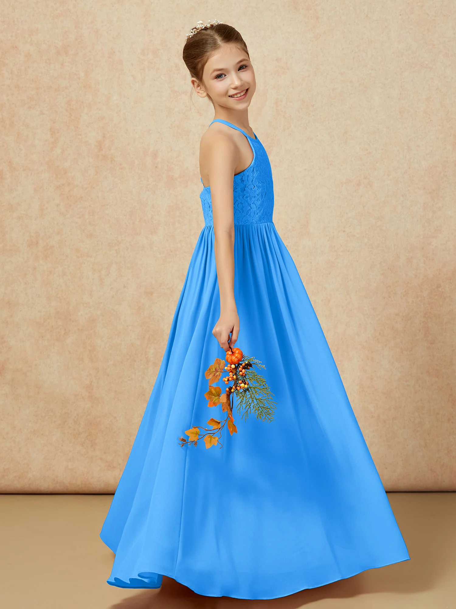 Pleated Lace Chiffion Long Junior Bridesmaid Dress Ocean Blue - Image 6