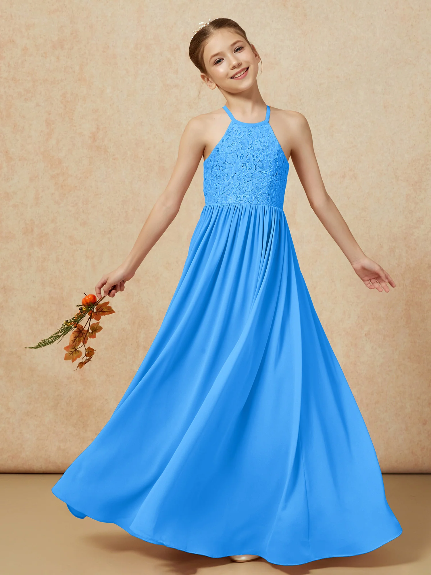 Pleated Lace Chiffion Long Junior Bridesmaid Dress Ocean Blue - Image 7
