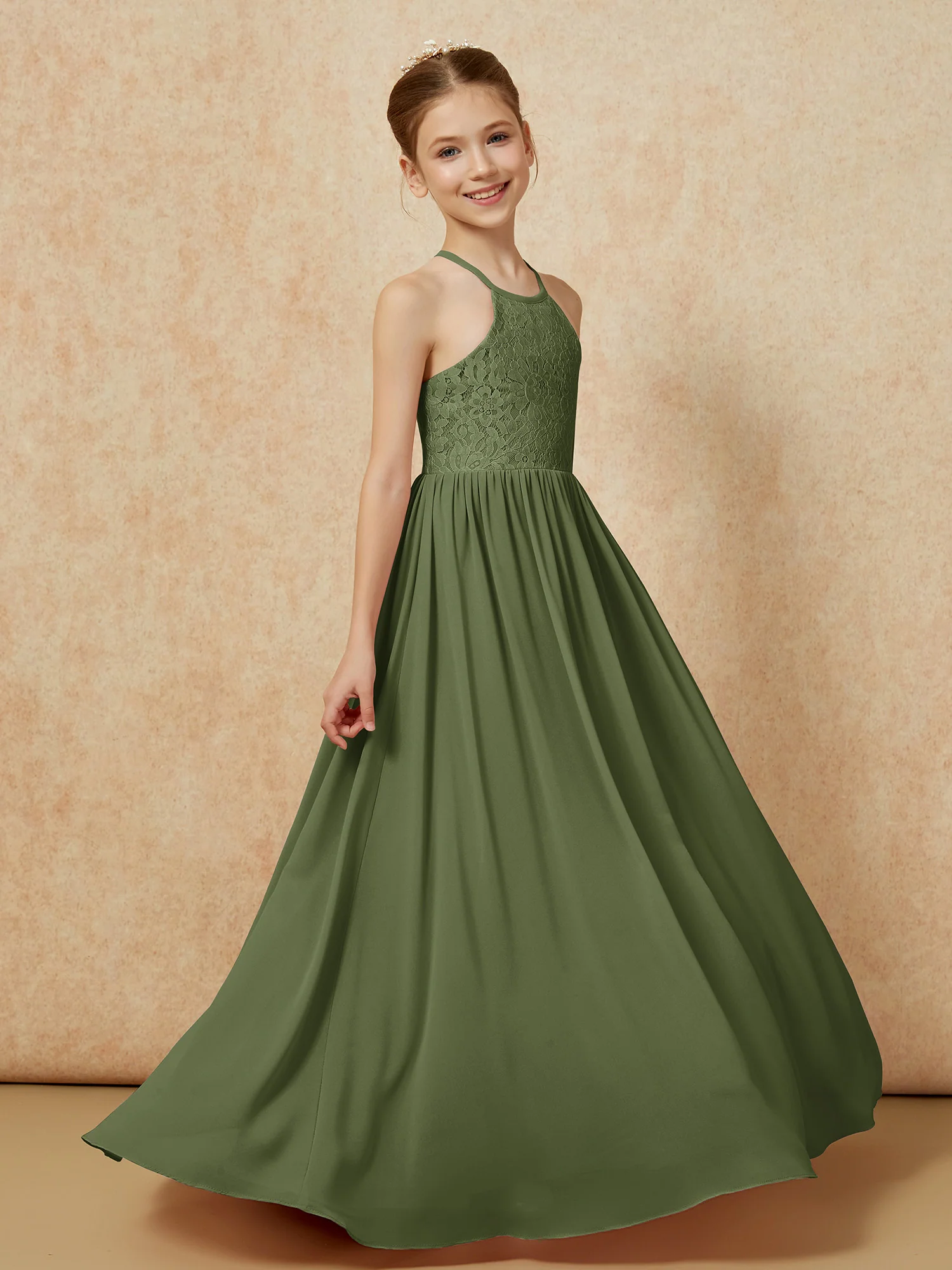 Pleated Lace Chiffion Long Junior Bridesmaid Dress Olive Green - Image 3