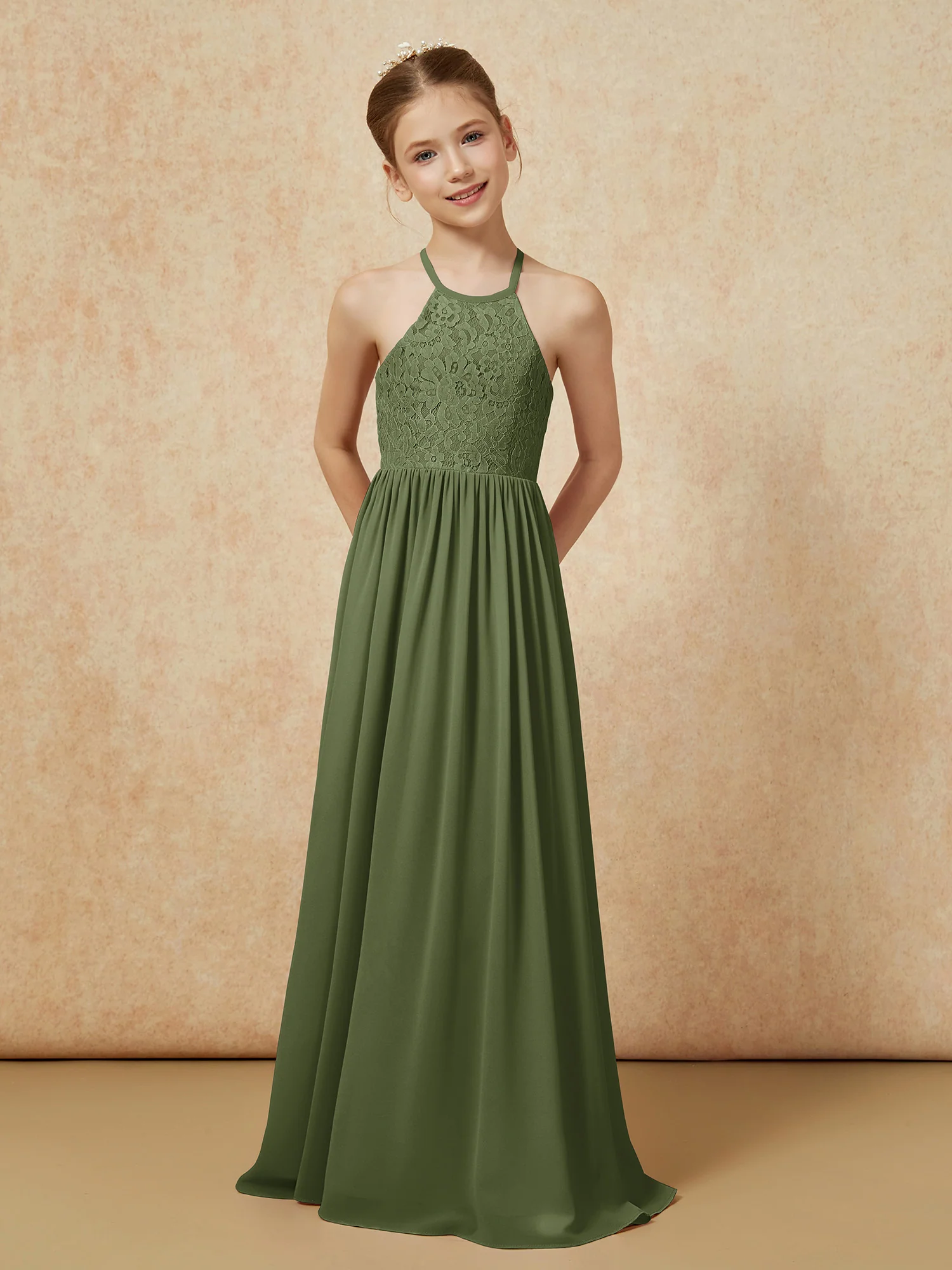 Pleated Lace Chiffion Long Junior Bridesmaid Dress Olive Green - Image 4